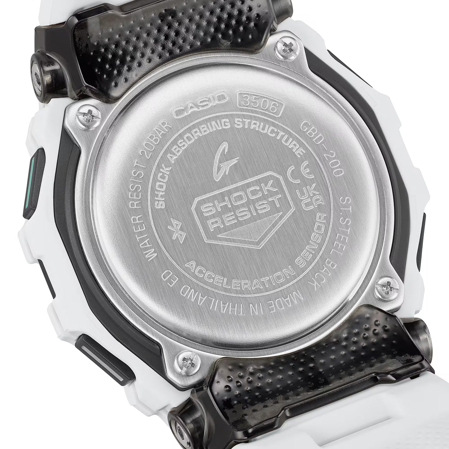 Back view of a Casio watch with 'Shock Resistant' text on a white background