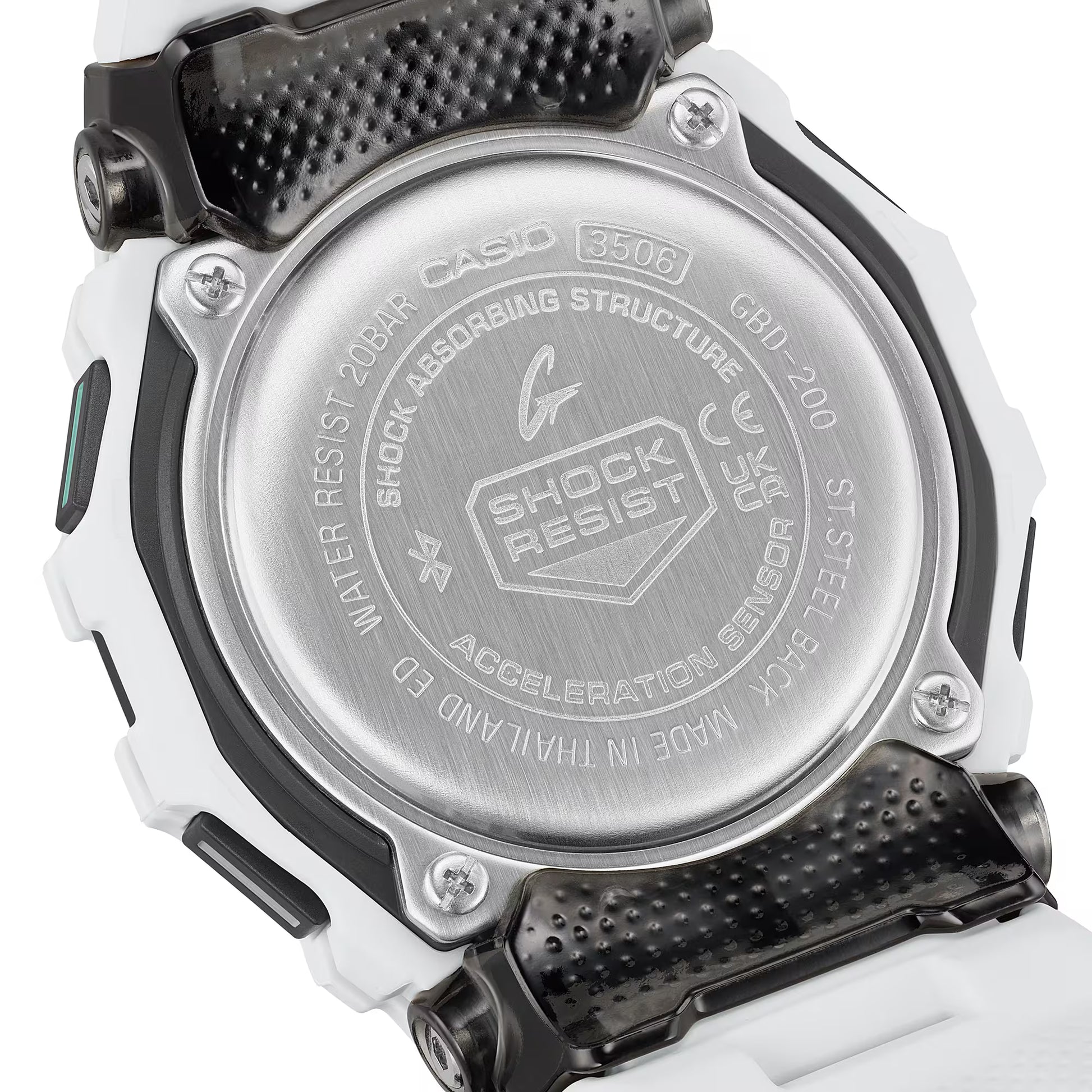 Back view of a Casio watch with 'Shock Resistant' text on a white background