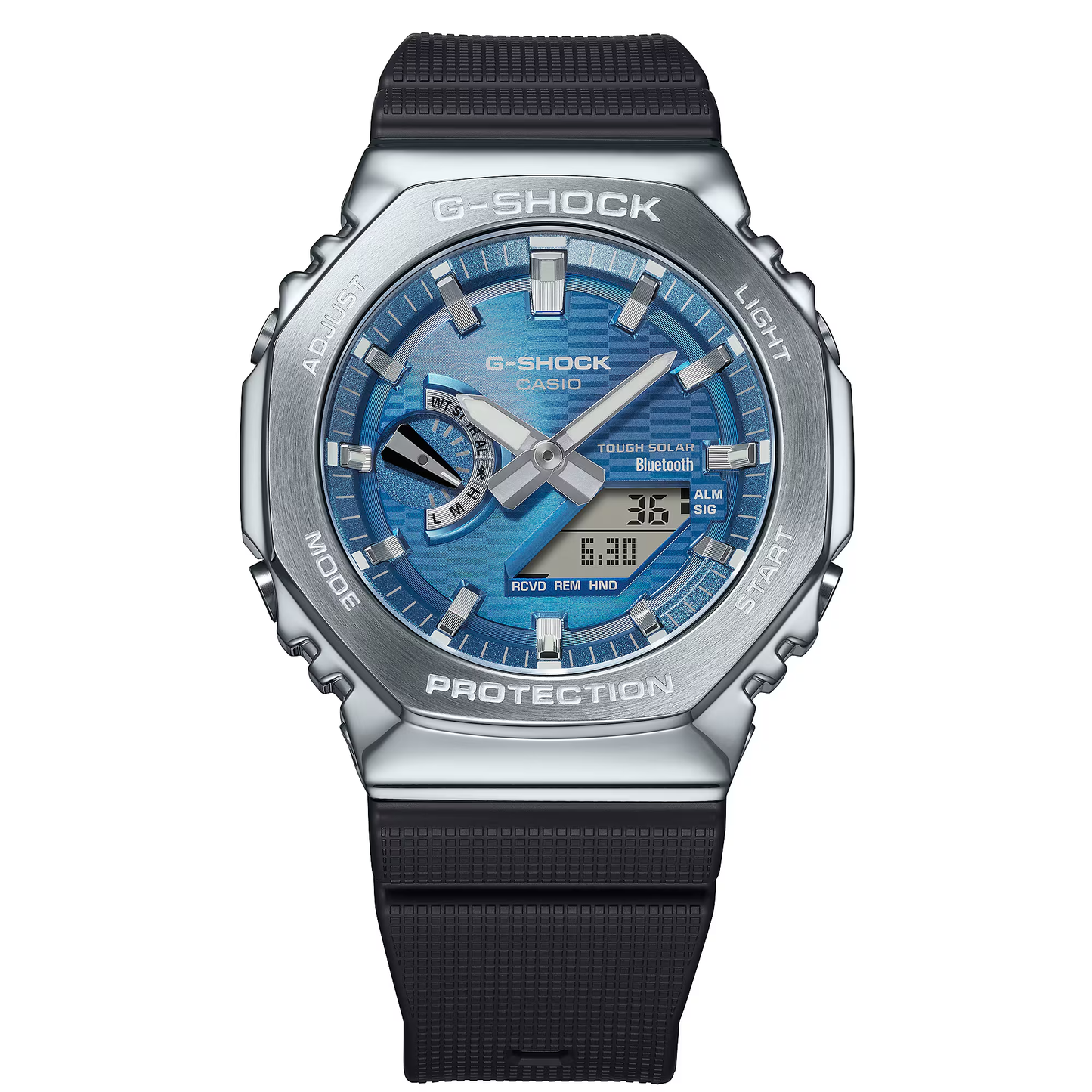 G-Shock watch with black strap and blue face on white background