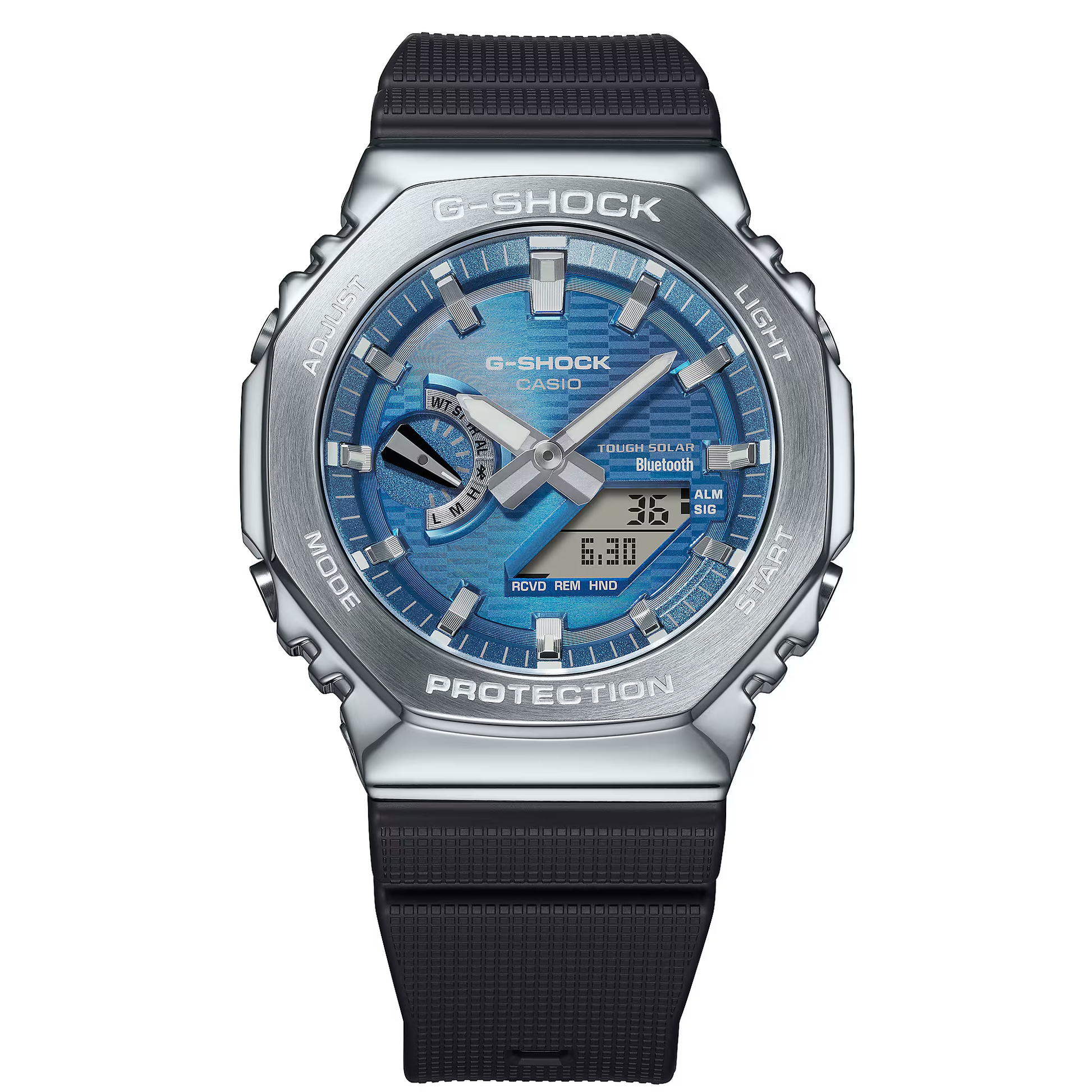 G-Shock watch with black strap and blue face on white background