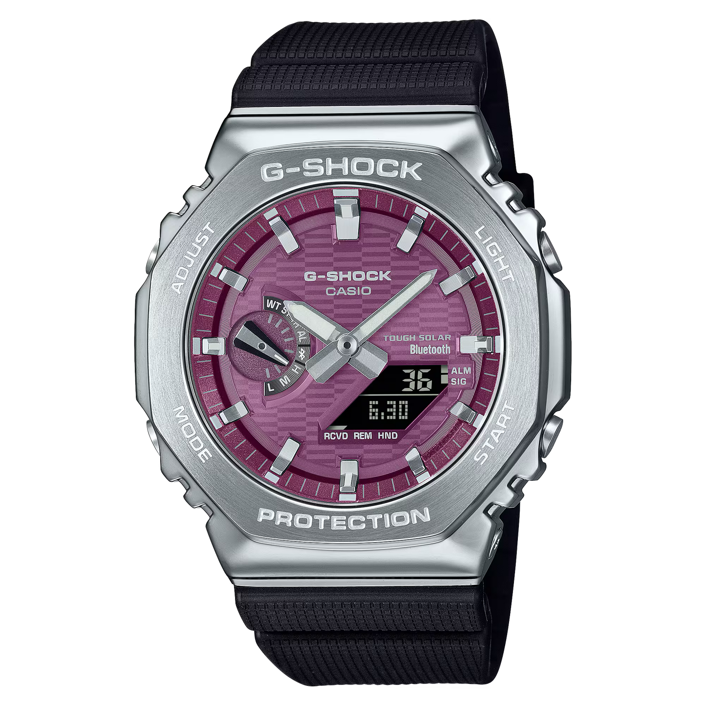 Casio G-STEEL GBM-2100A-4B men’s watch with stainless steel bezel, burgundy dial, silvery indexes, bio-based resin case and band, Tough Solar power, Bluetooth Smartphone Link, 200m water resistance, and double LED Super Illuminator.