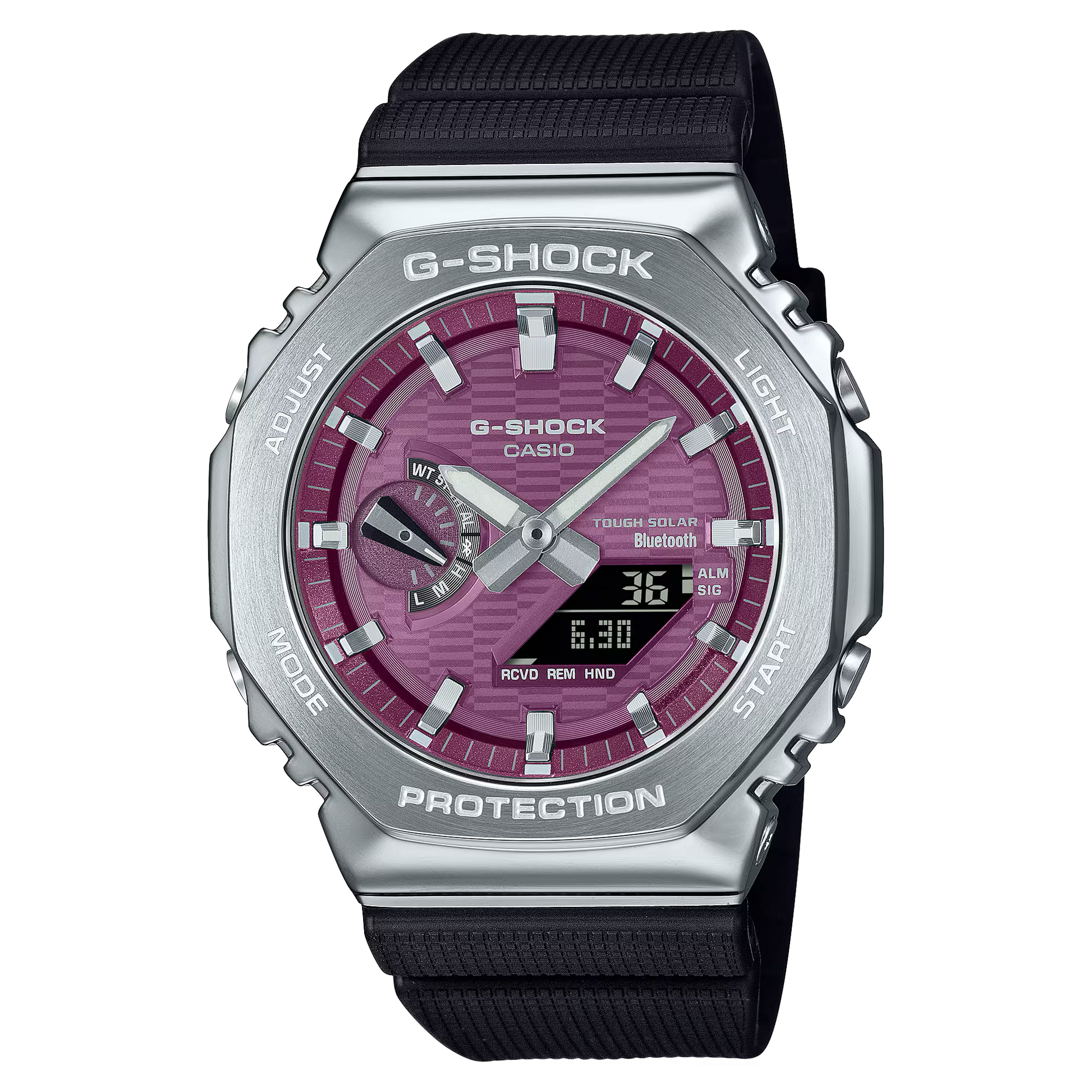 Casio G-STEEL GBM-2100A-4B men’s watch with stainless steel bezel, burgundy dial, silvery indexes, bio-based resin case and band, Tough Solar power, Bluetooth Smartphone Link, 200m water resistance, and double LED Super Illuminator.