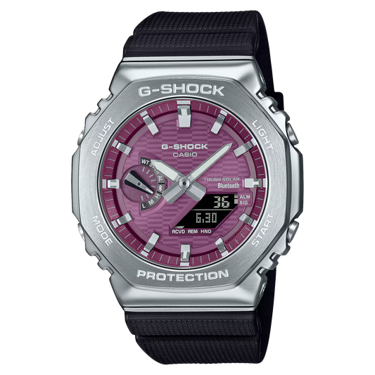 Casio G-STEEL GBM-2100A-4B men’s watch with stainless steel bezel, burgundy dial, silvery indexes, bio-based resin case and band, Tough Solar power, Bluetooth Smartphone Link, 200m water resistance, and double LED Super Illuminator.