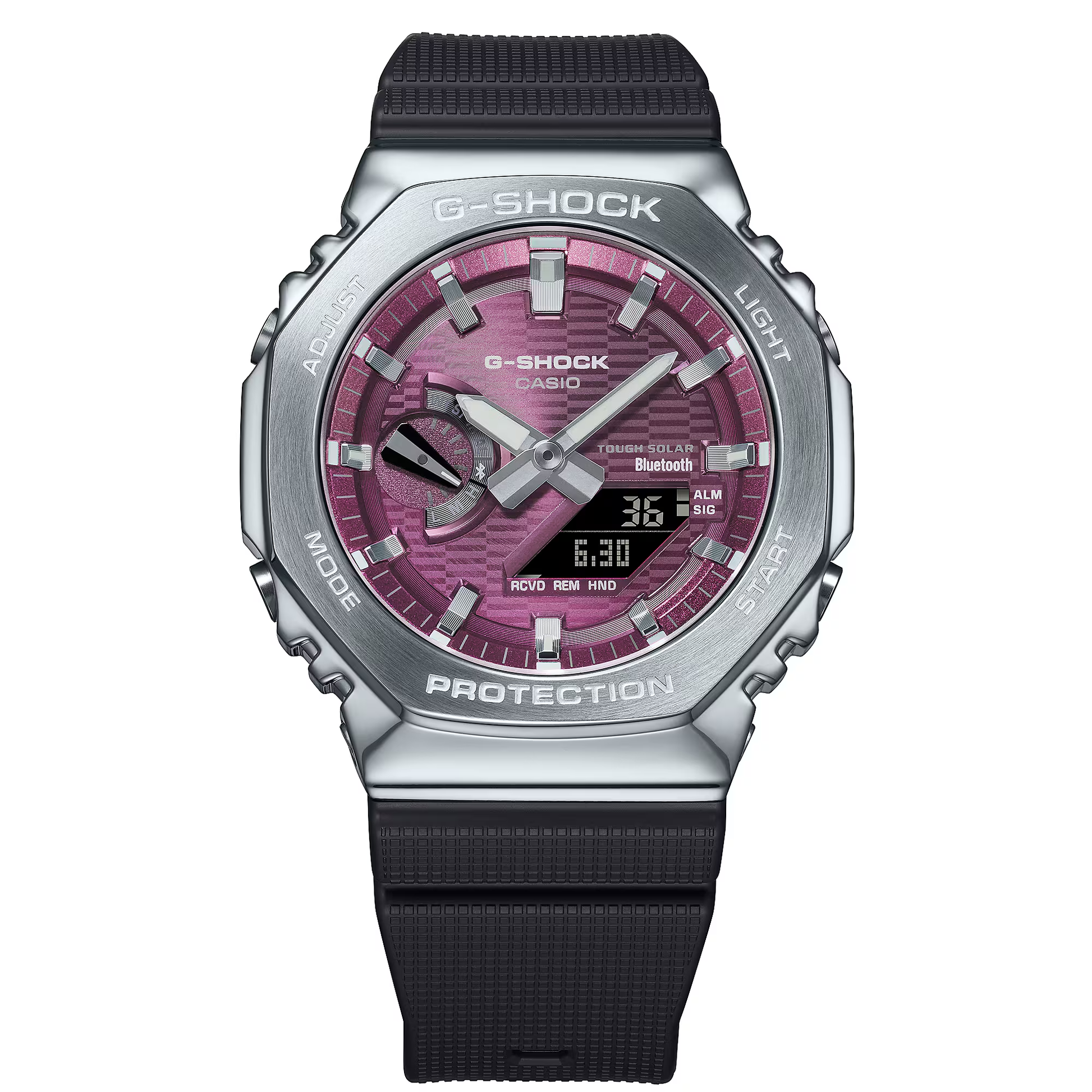 G-Shock watch with black strap and pink face on white background