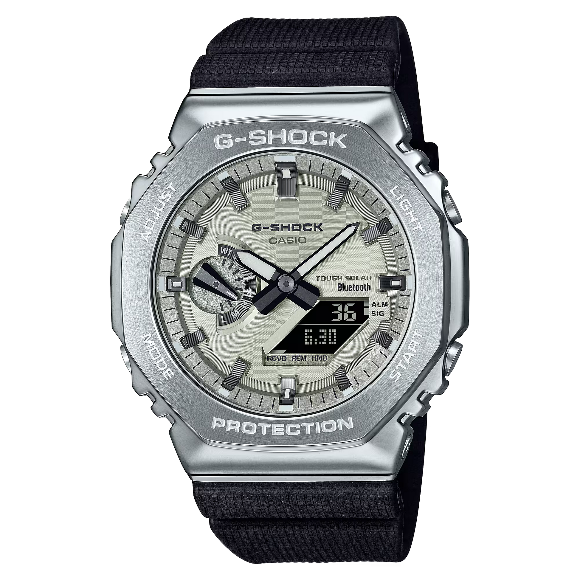 Casio G-STEEL GBM-2100A-8B men’s watch with stainless steel bezel, light yellow-gold dial, black index markers, bio-based resin case and band, Tough Solar power, Bluetooth Smartphone Link, 200m water resistance, and double LED Super Illuminator.”