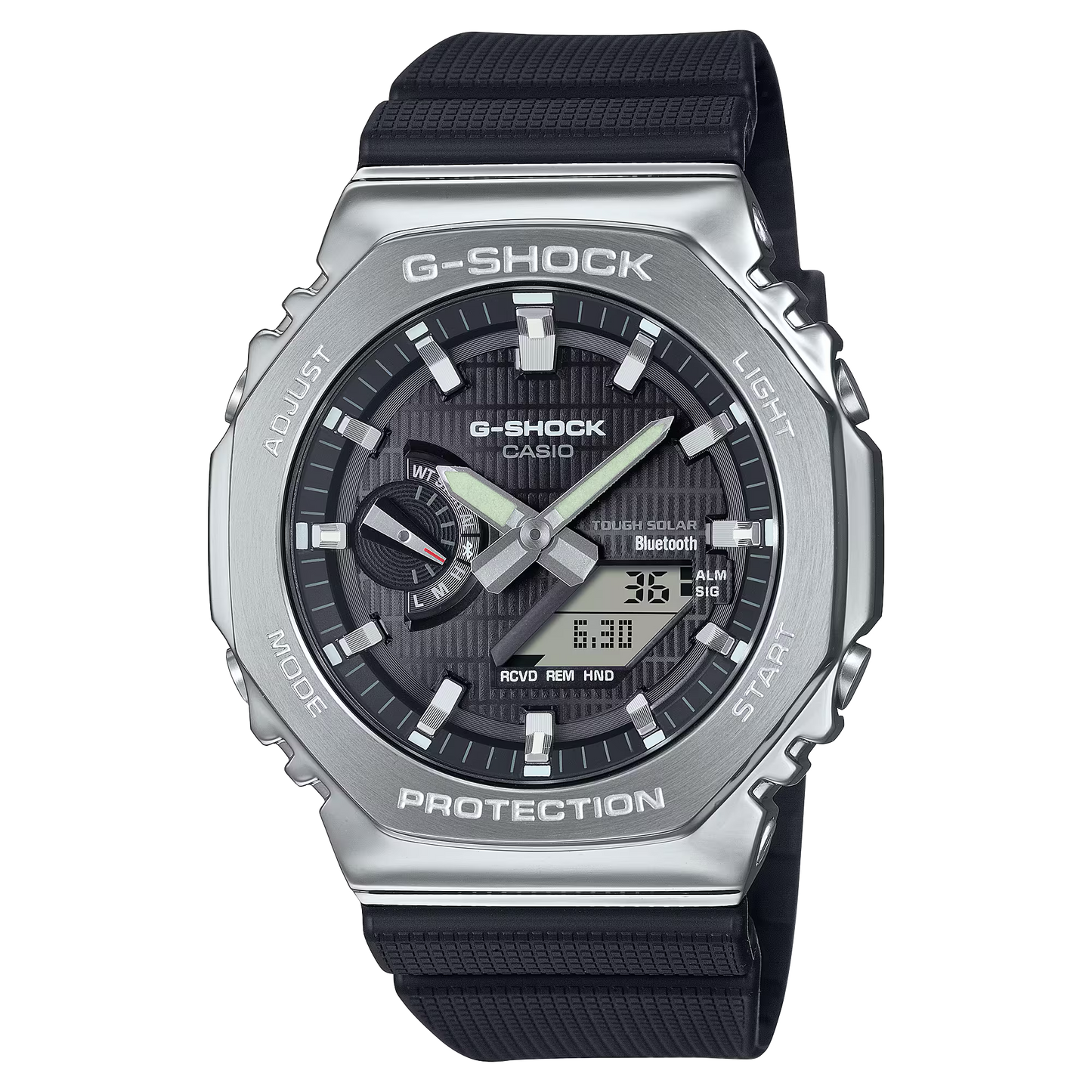 Casio G-SHOCK GBM2100-1A – black dial 2100 Series watch with stainless-steel bezel, black bio-based resin band, Tough Solar power, Bluetooth connectivity, and 200m water resistance.