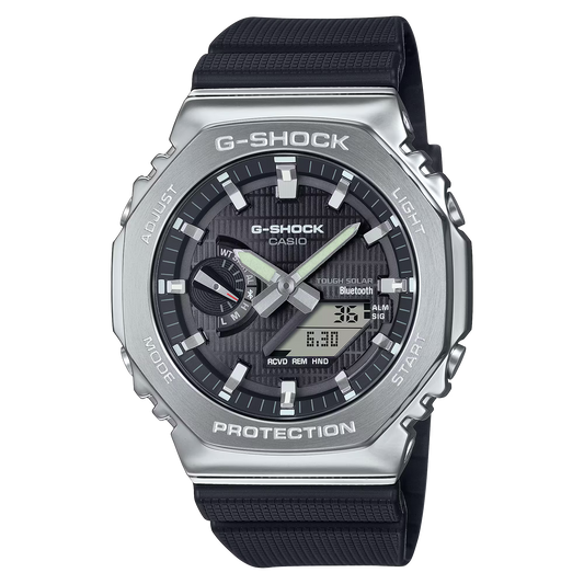 Casio G-SHOCK GBM2100-1A – black dial 2100 Series watch with stainless-steel bezel, black bio-based resin band, Tough Solar power, Bluetooth connectivity, and 200m water resistance.