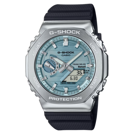 Casio G-SHOCK GBM2100A-1A2 – metal-covered 2100 Series watch with stainless-steel bezel, black bio-based resin band, Tough Solar power, Bluetooth connectivity, and 200m water resistance.