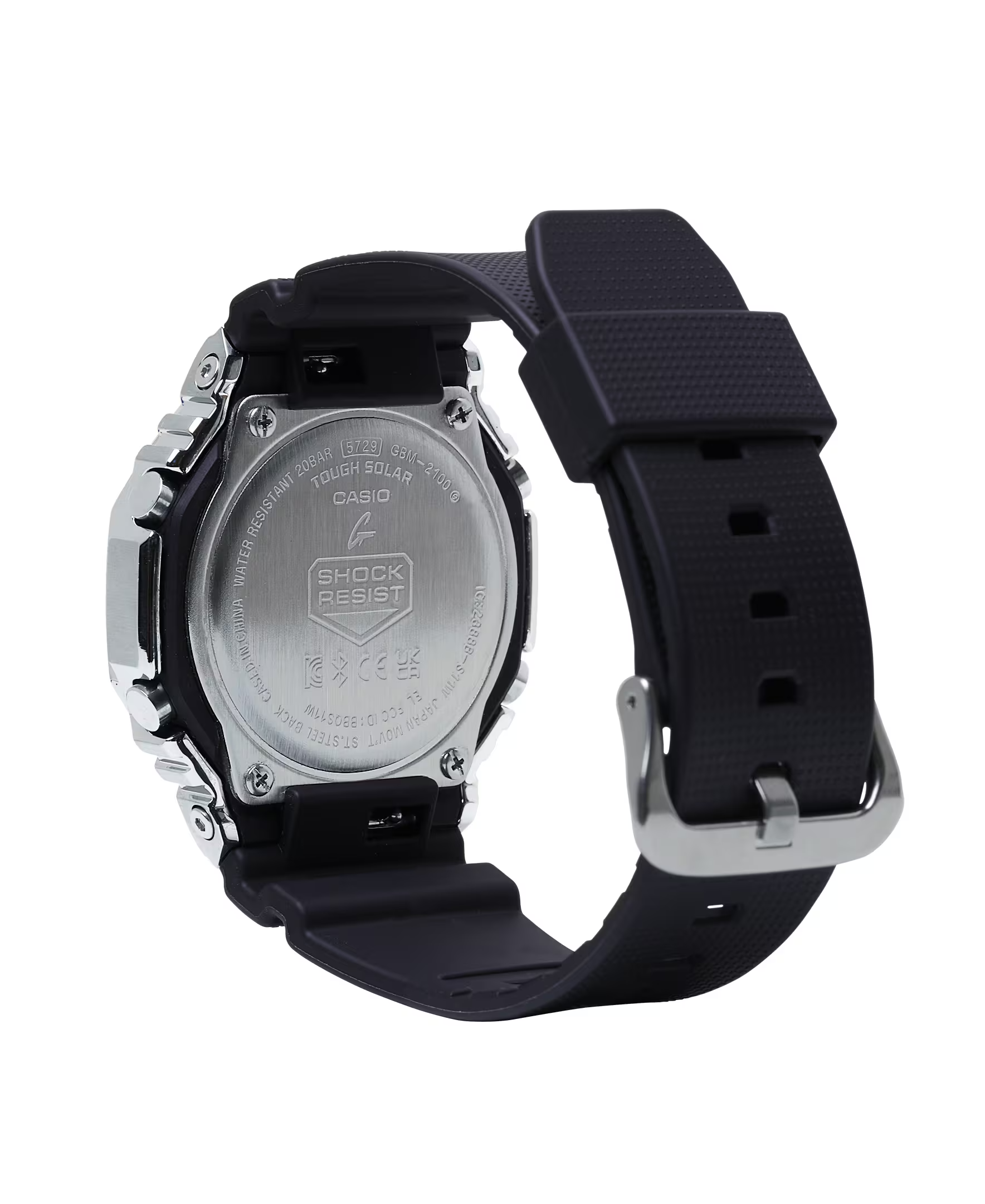Black Casio watch with a detailed back view on a white background