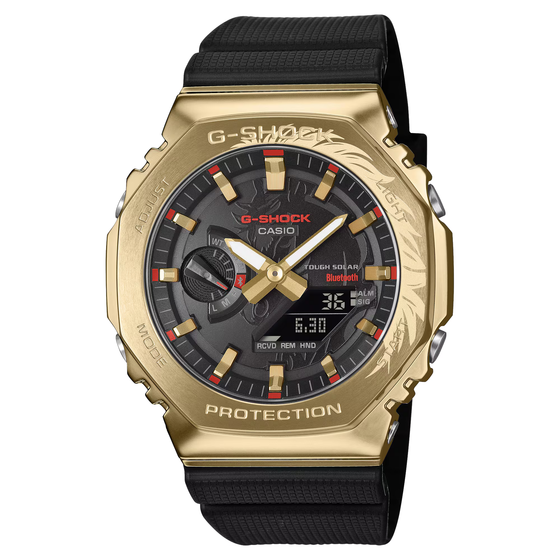 Casio G-SHOCK GBM-2100CX-9A Year of the Horse edition with gold ion-plated bezel, engraved flowing horse motif on the dial, red-accented gold indexes, and slim 2100 profile with solar and Bluetooth features.