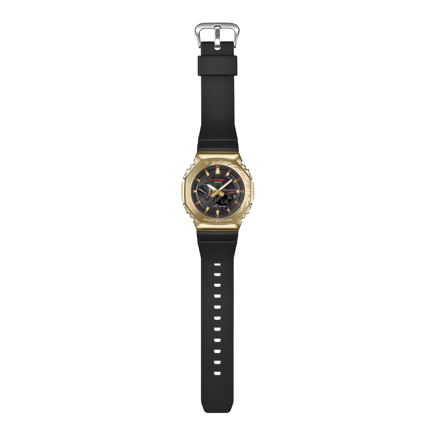 Gold and black watch on a white background