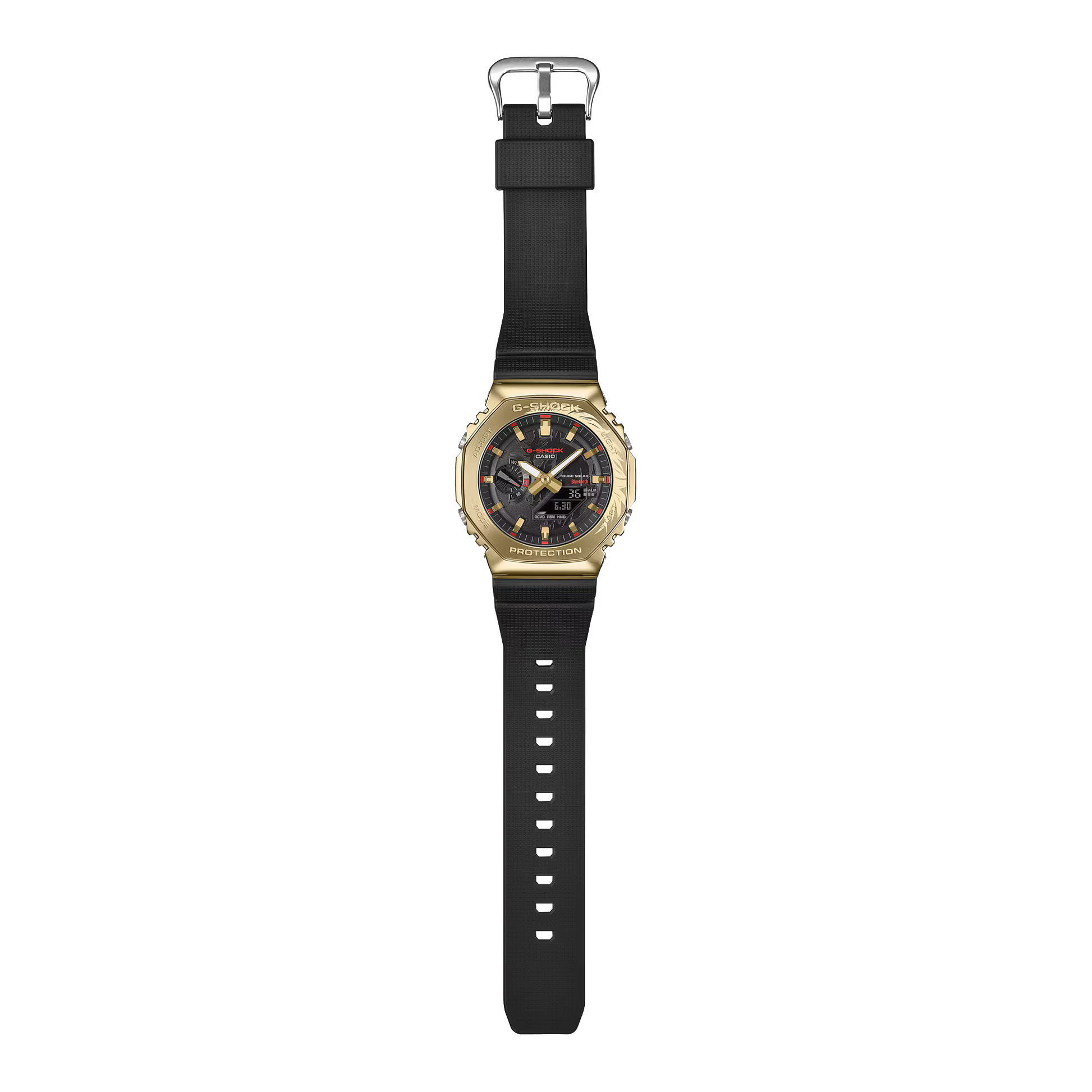 Gold and black watch on a white background