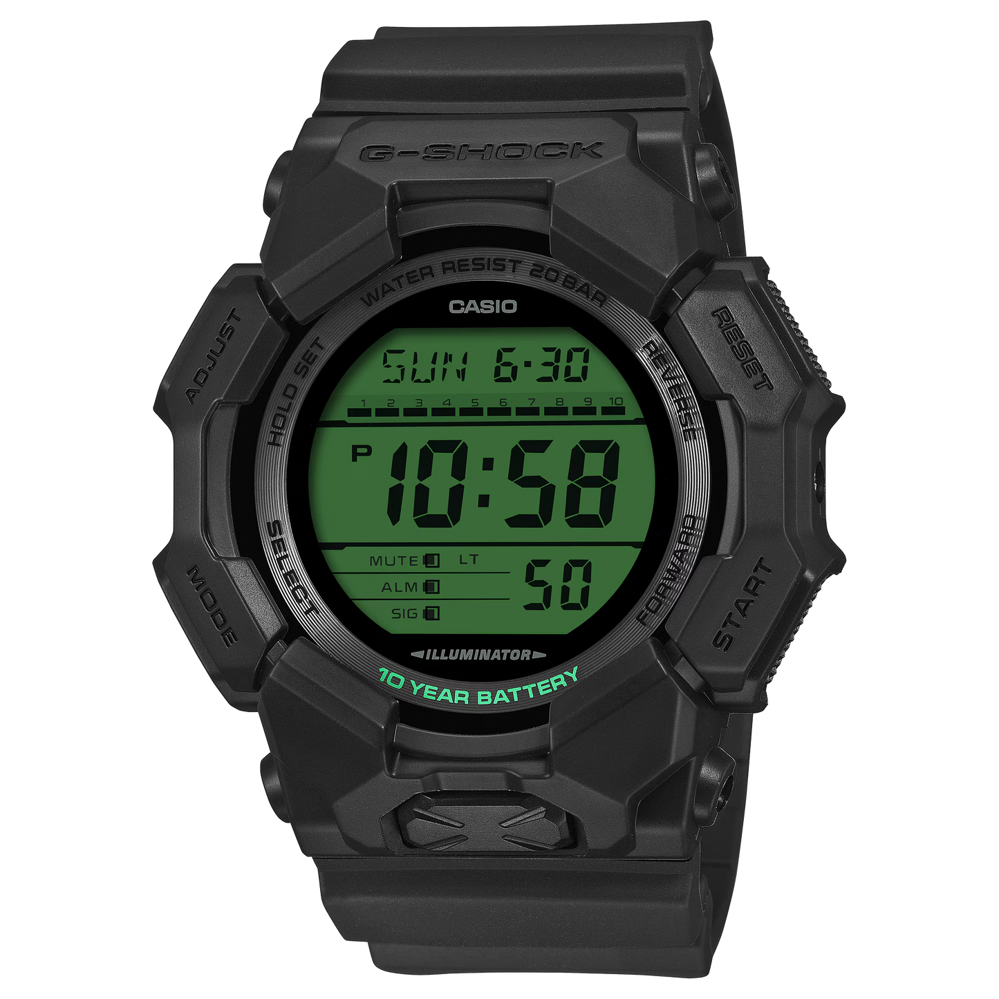 G-SHOCK GD010BEG-1 GD-010 Series digital watch with black and electro green design, Carbon Core Guard structure, bio-based resin band, 10-year battery life, Super Illuminator, and 200m water resistance.