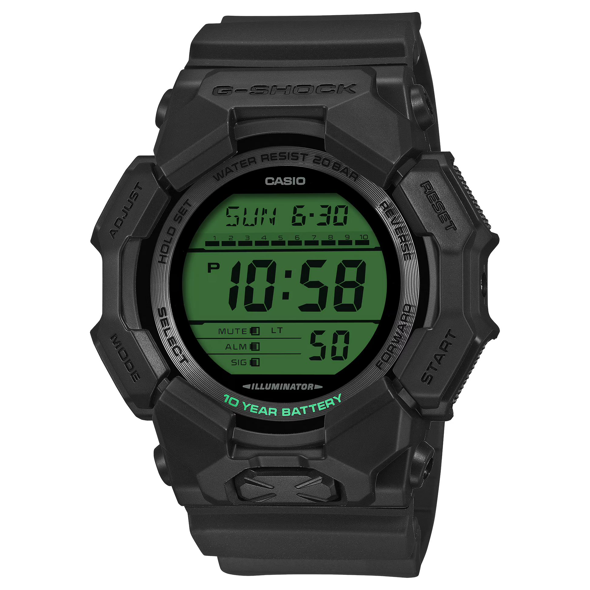 G-SHOCK GD010BEG-1 GD-010 Series digital watch with black and electro green design, Carbon Core Guard structure, bio-based resin band, 10-year battery life, Super Illuminator, and 200m water resistance.