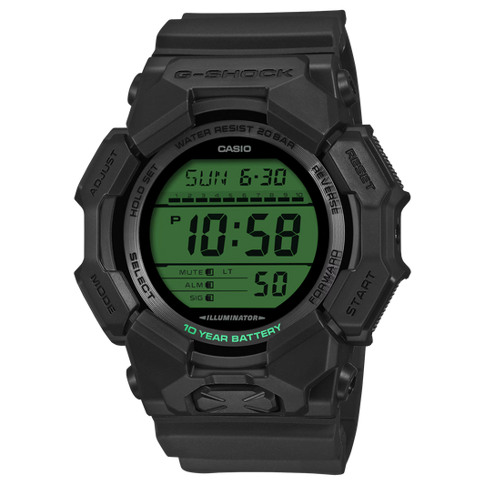 G-SHOCK GD010BEG-1 GD-010 Series digital watch with black and electro green design, Carbon Core Guard structure, bio-based resin band, 10-year battery life, Super Illuminator, and 200m water resistance.