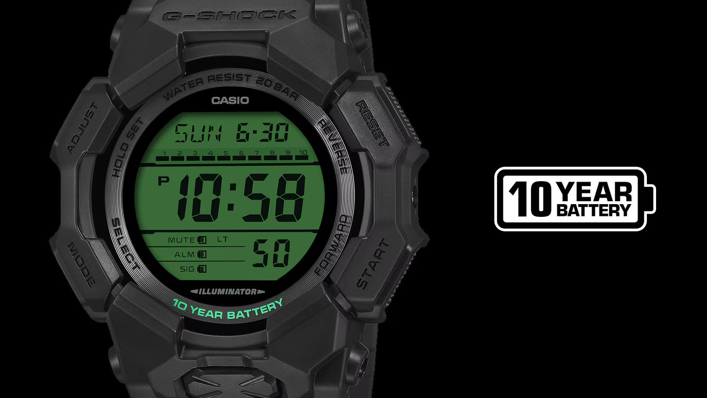 G-Shock digital watch with green display on a black background
