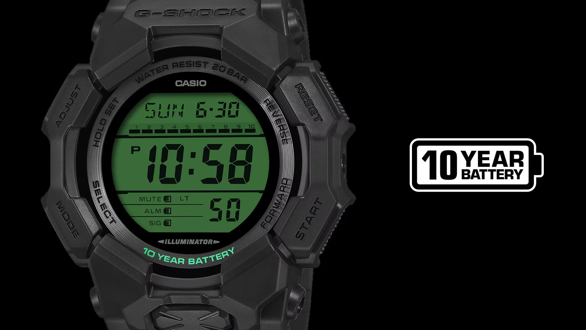 G-Shock digital watch with green display on a black background