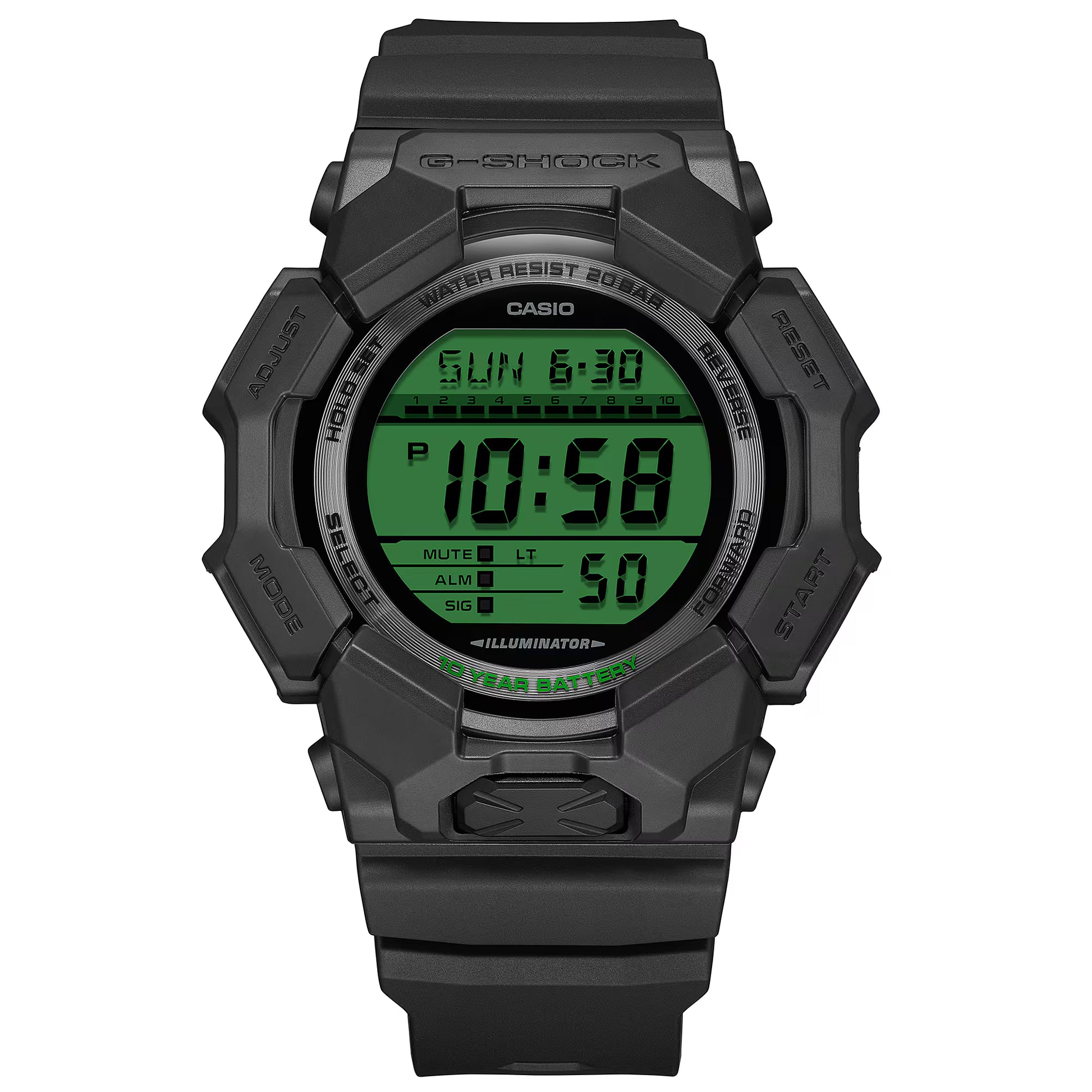 Black Casio G-Shock digital watch with green display on a white background