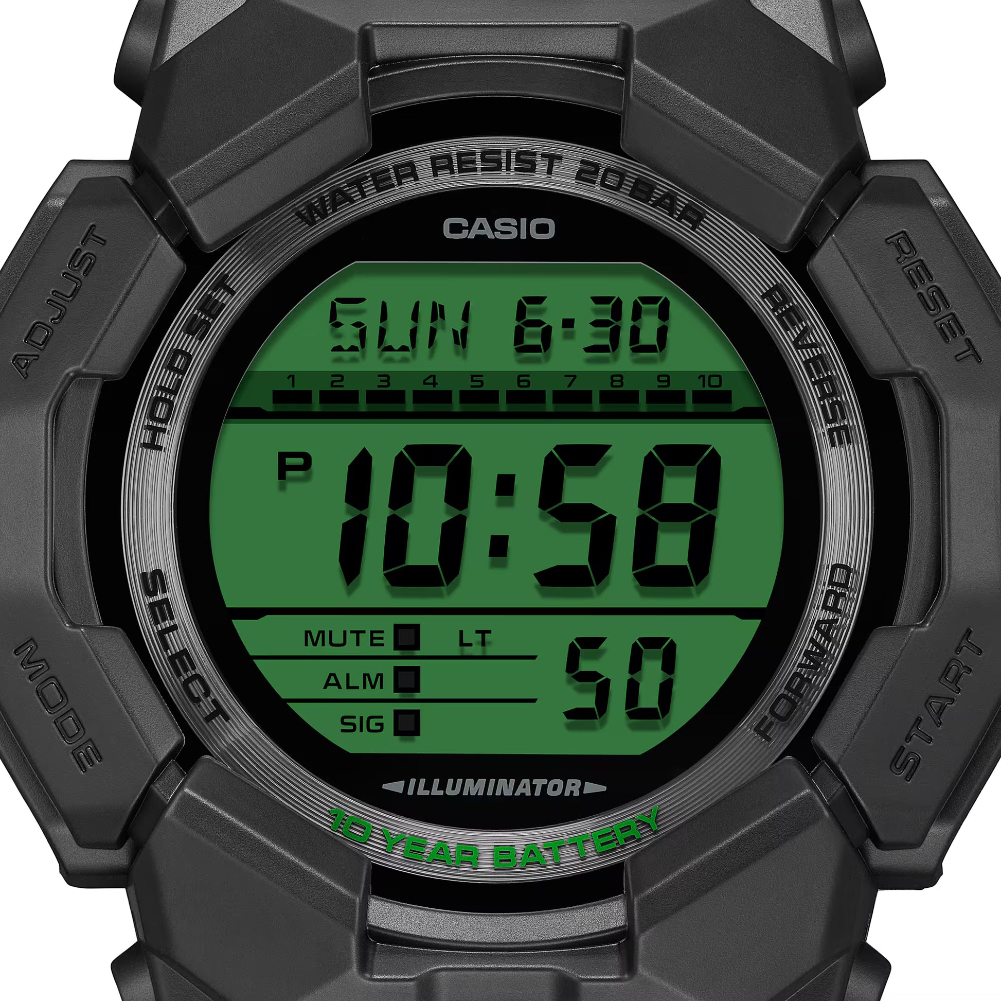 Casio digital watch with green display on a white background