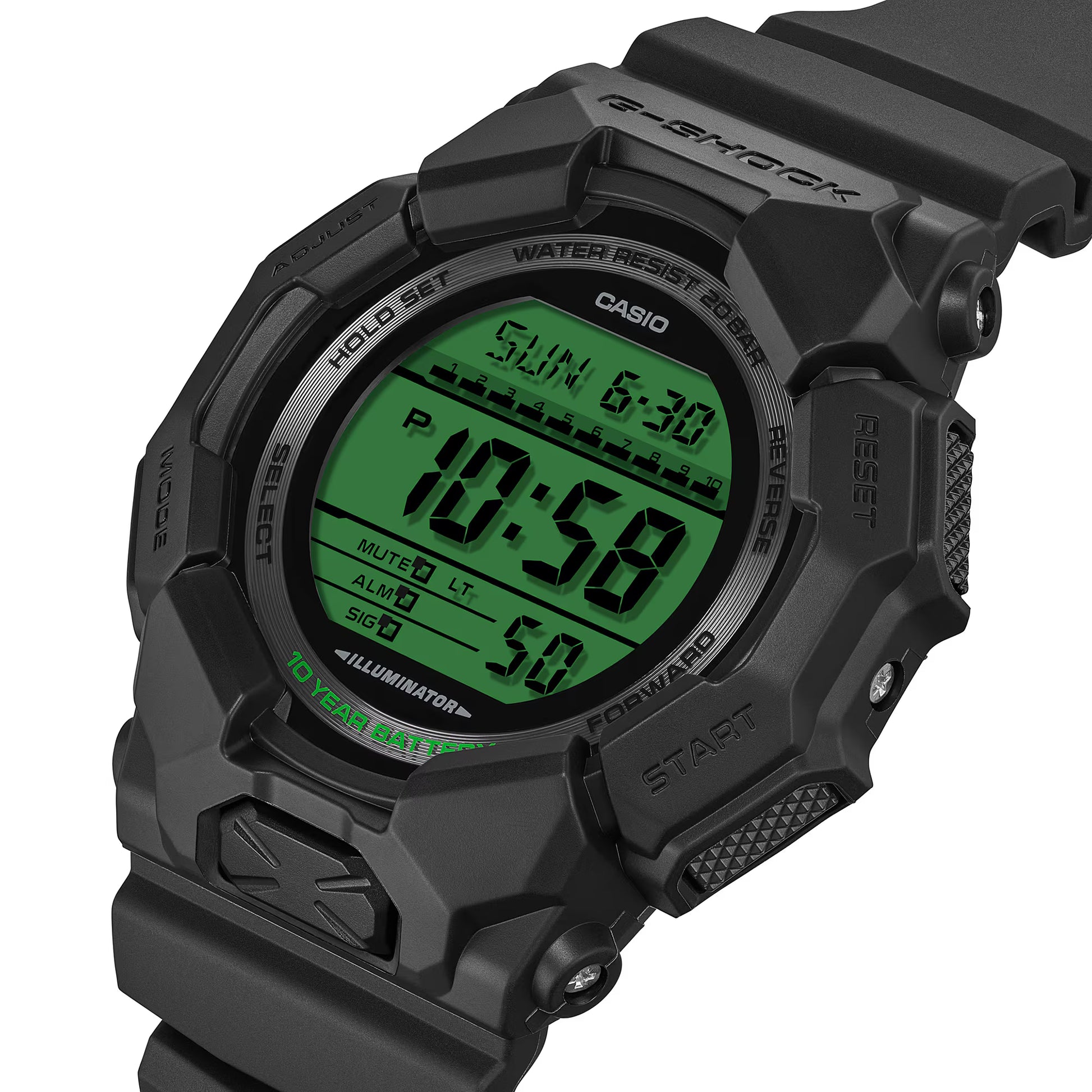 Black Casio G-Shock digital watch with green display on a white background