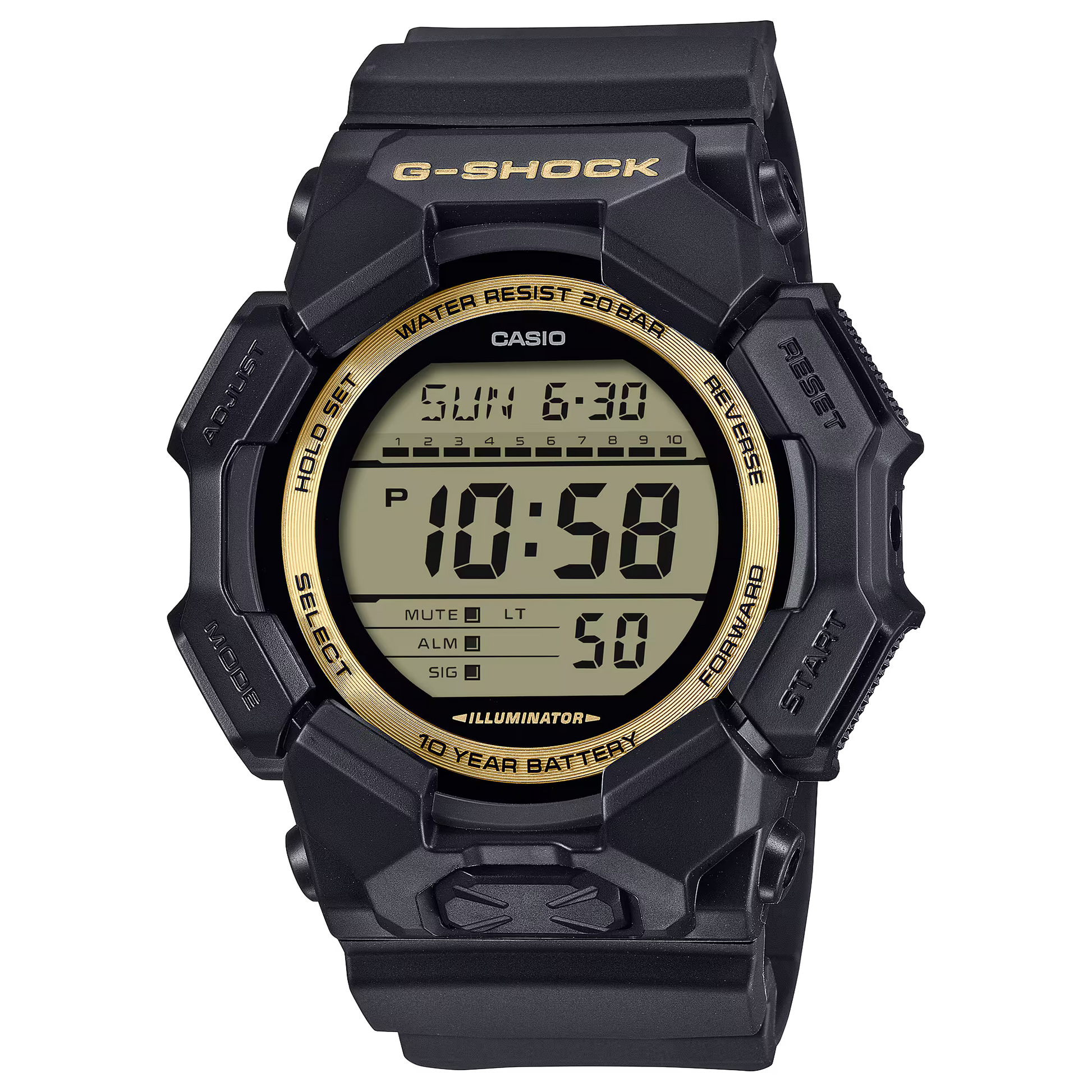 Casio G-SHOCK GD010GB-1A9 – black-and-gold digital watch with carbon core guard, bio-based resin case and band, 200m water resistance, 10-year battery, and Super Illuminator LED backlight.