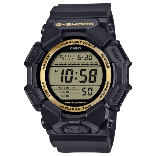 Casio G-SHOCK GD010GB-1A9 – black-and-gold digital watch with carbon core guard, bio-based resin case and band, 200m water resistance, 10-year battery, and Super Illuminator LED backlight.