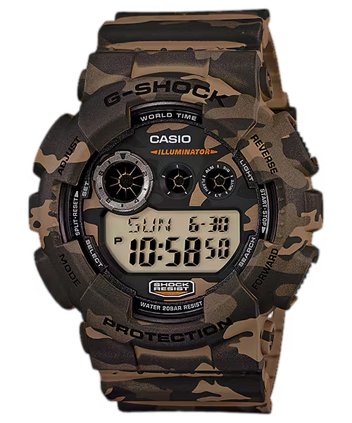 G-SHOCK GD120CM-5 digital watch with brown camouflage resin case and band, rugged shock-resistant design, and 200m water resistance