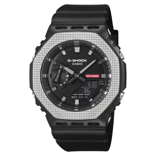 Casio G-SHOCK GM-2100BM-1A with forged stainless-steel bezel, black ion-plated details, monochromatic industrial design, bio-based resin band, 200m water resistance, and Super Illuminator LED.