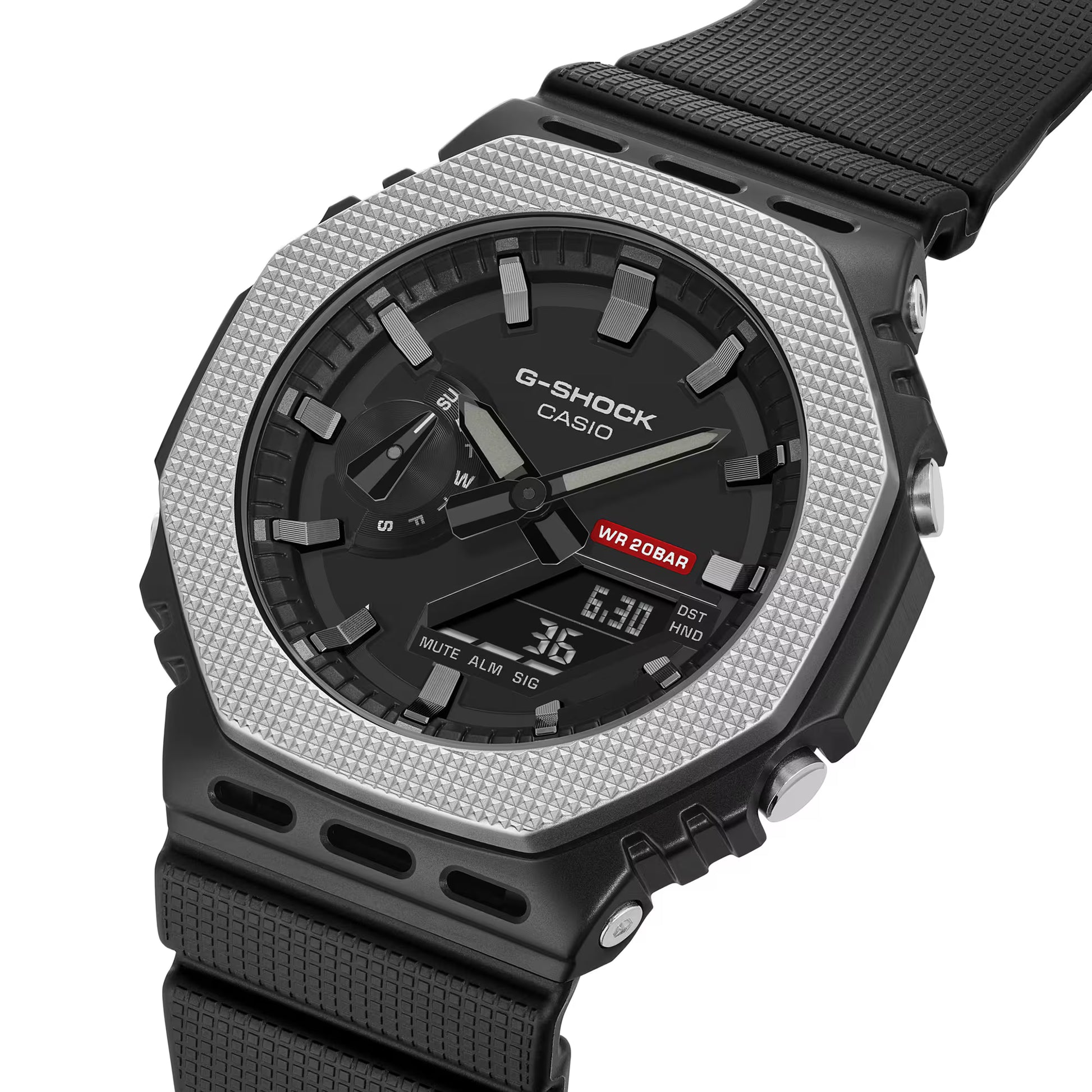 G-Shock Casio watch with black strap and silver case on white background