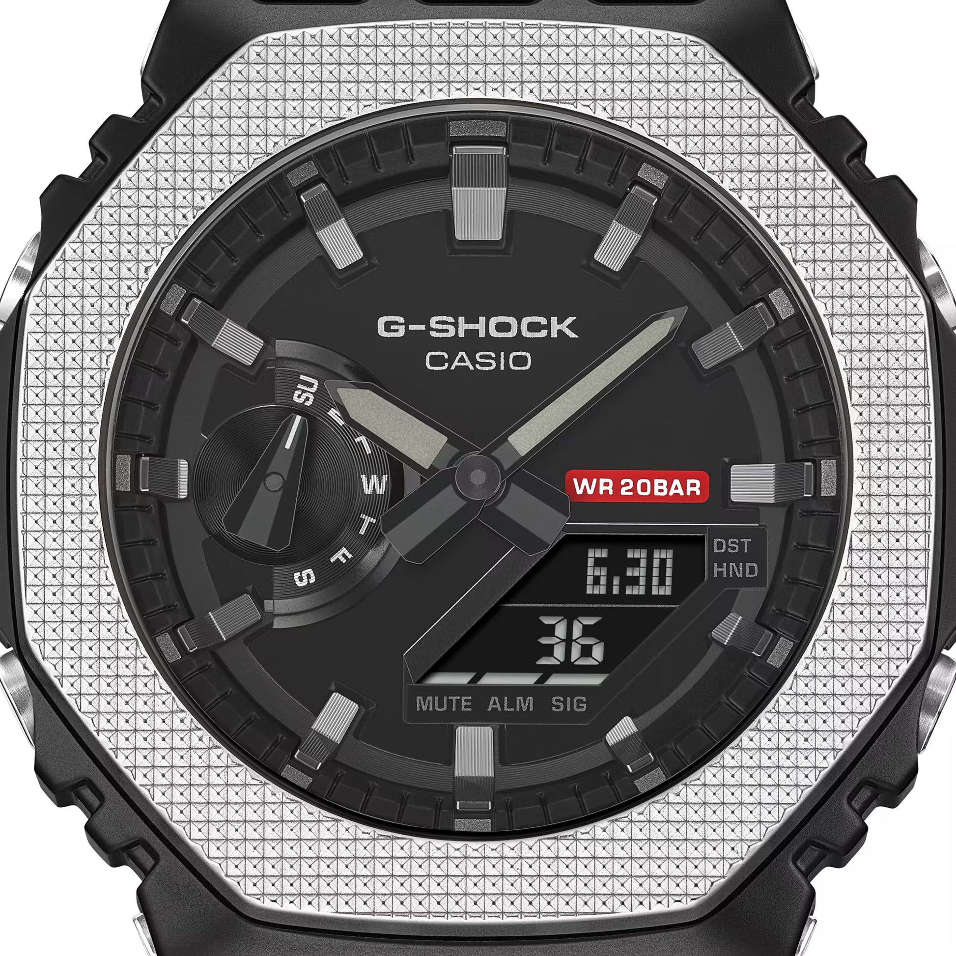 G-Shock Casio watch with silver and black design on a white background