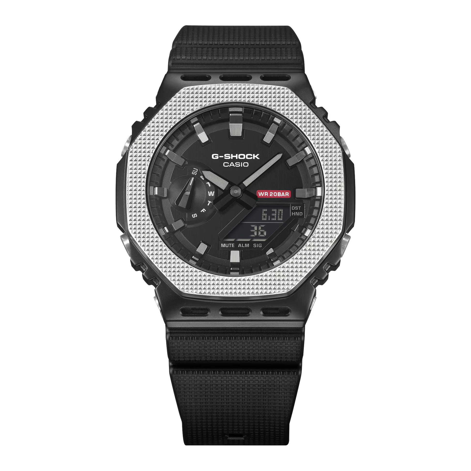 G-Shock Casio watch with black and silver design on a white background