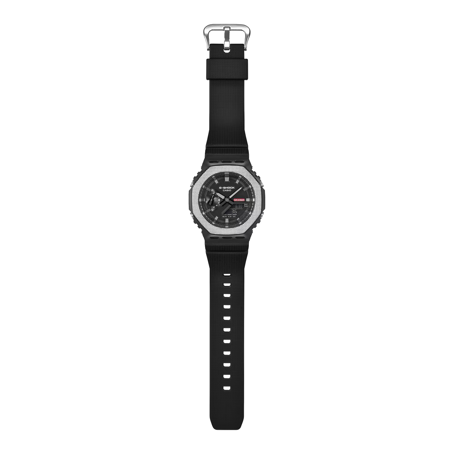 Black watch with a detailed face on a white background