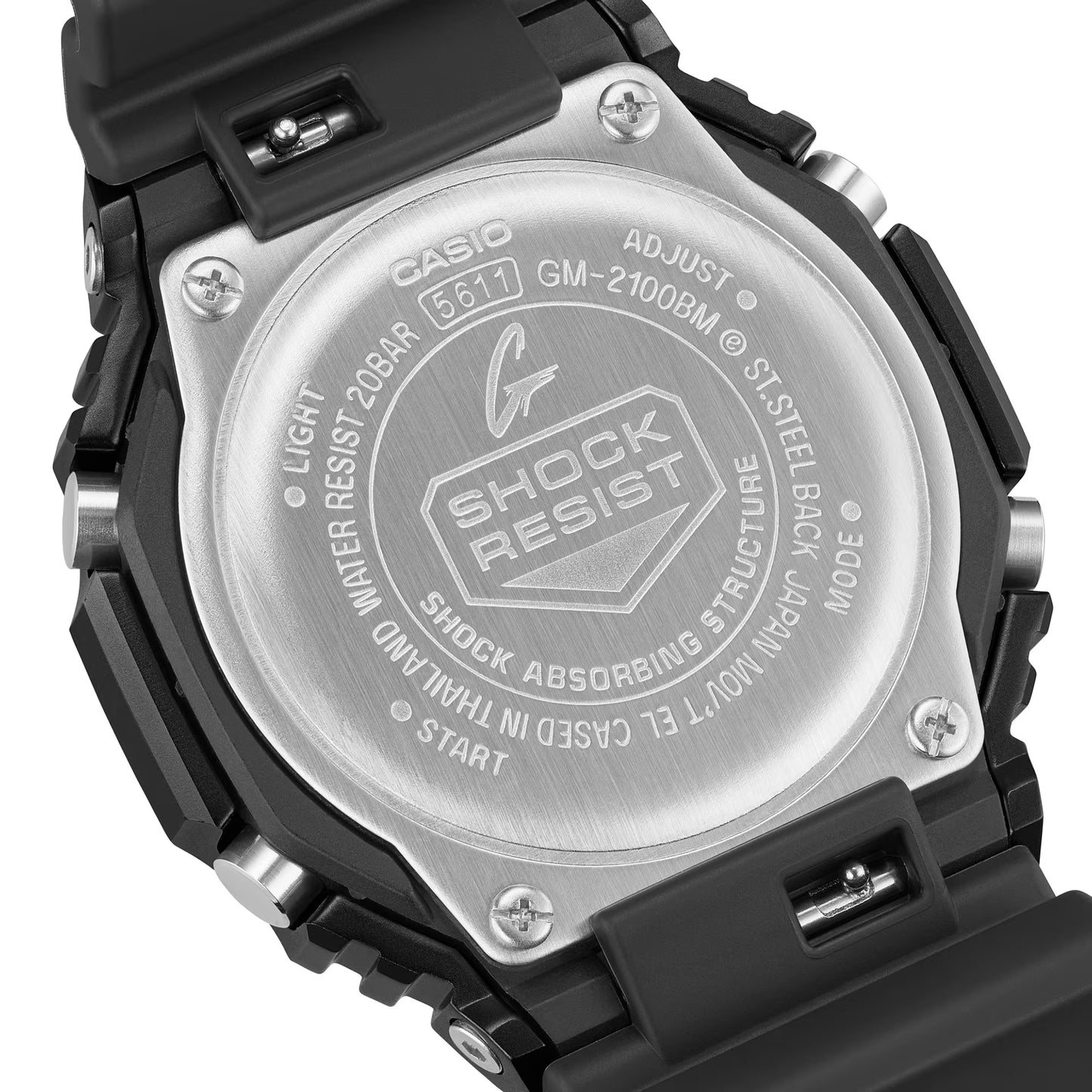 Back view of a Casio watch with 'Shock Resistant' feature on a white background