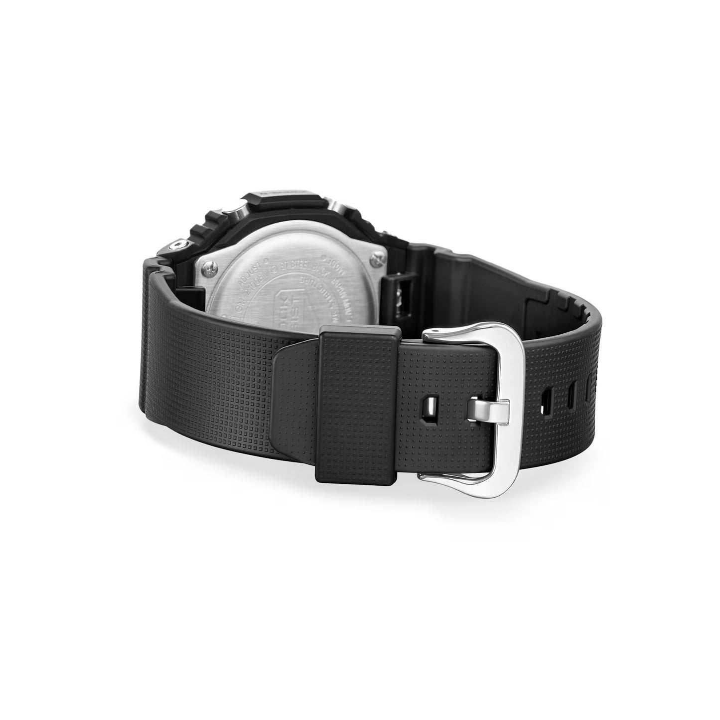 Black wristwatch with a silver buckle on a white background