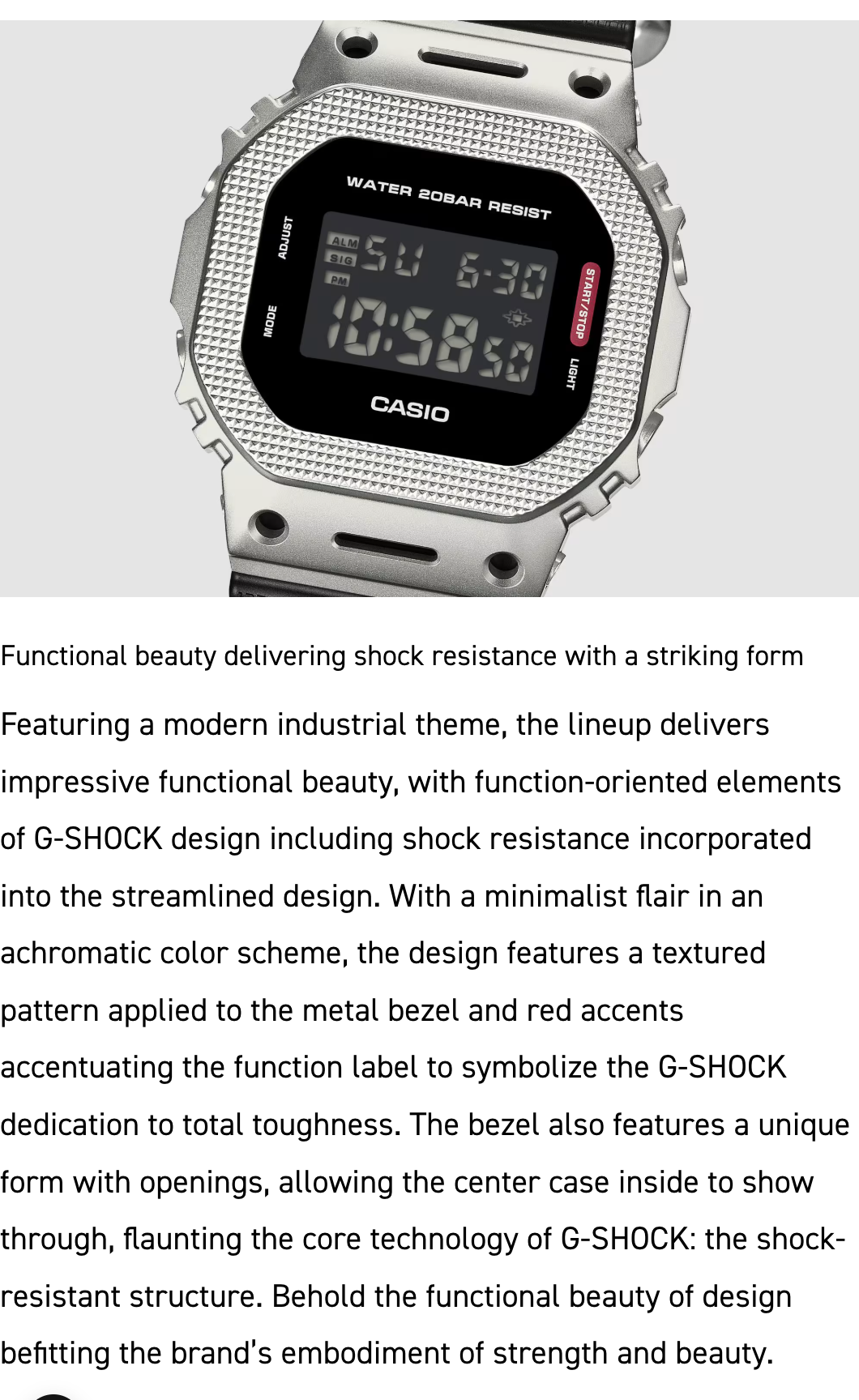 Casio digital watch with metallic casing and text on a light gray background