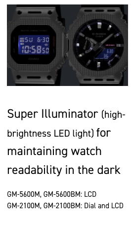 Two watches with digital and analog displays on a black background, featuring text about super illuminator technology.