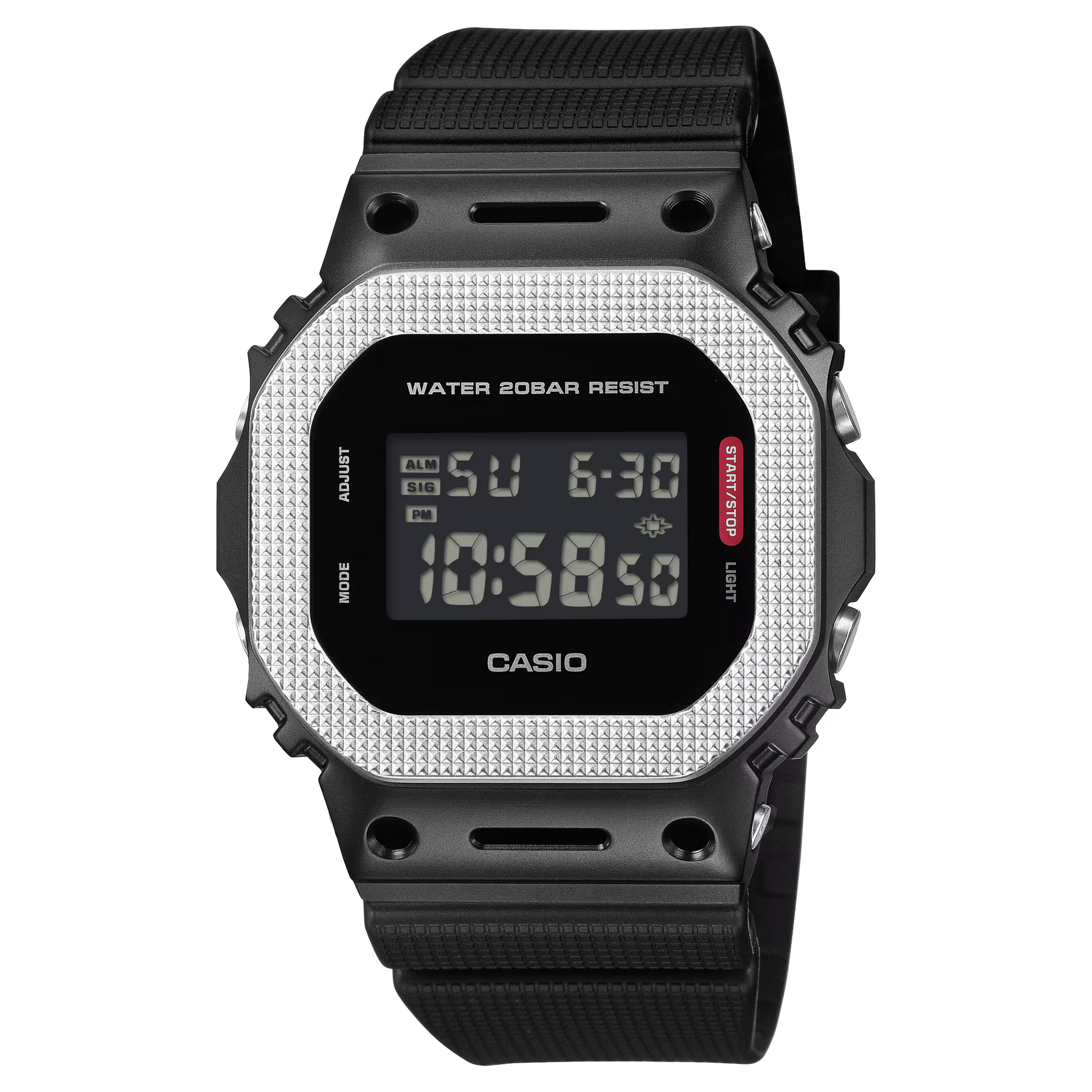 Casio G-SHOCK GM5600BM-1 with black ion-plated stainless-steel bezel, industrial textured finish, monochromatic styling, and classic square 5600 digital design.
