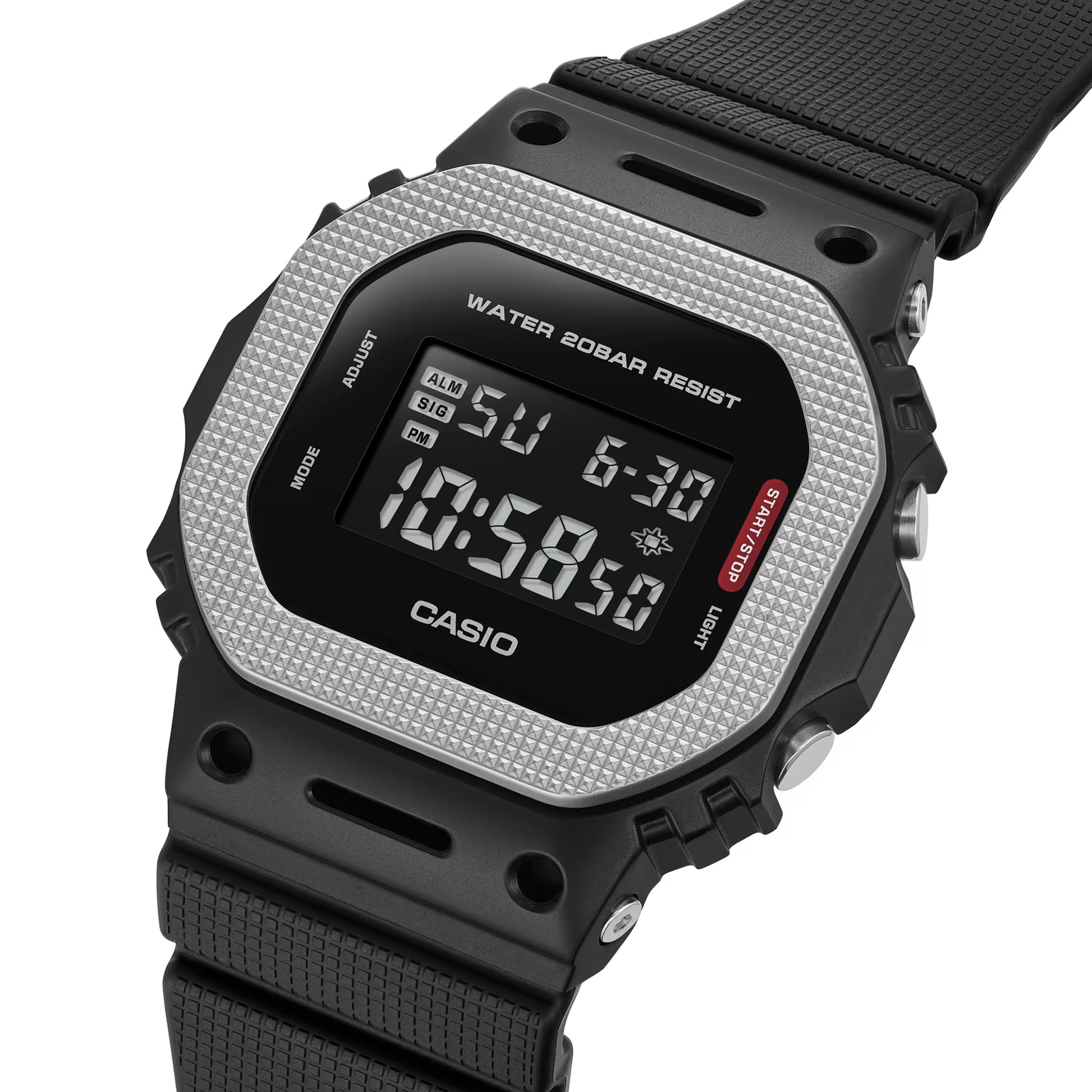 Casio digital watch with black strap on a white background
