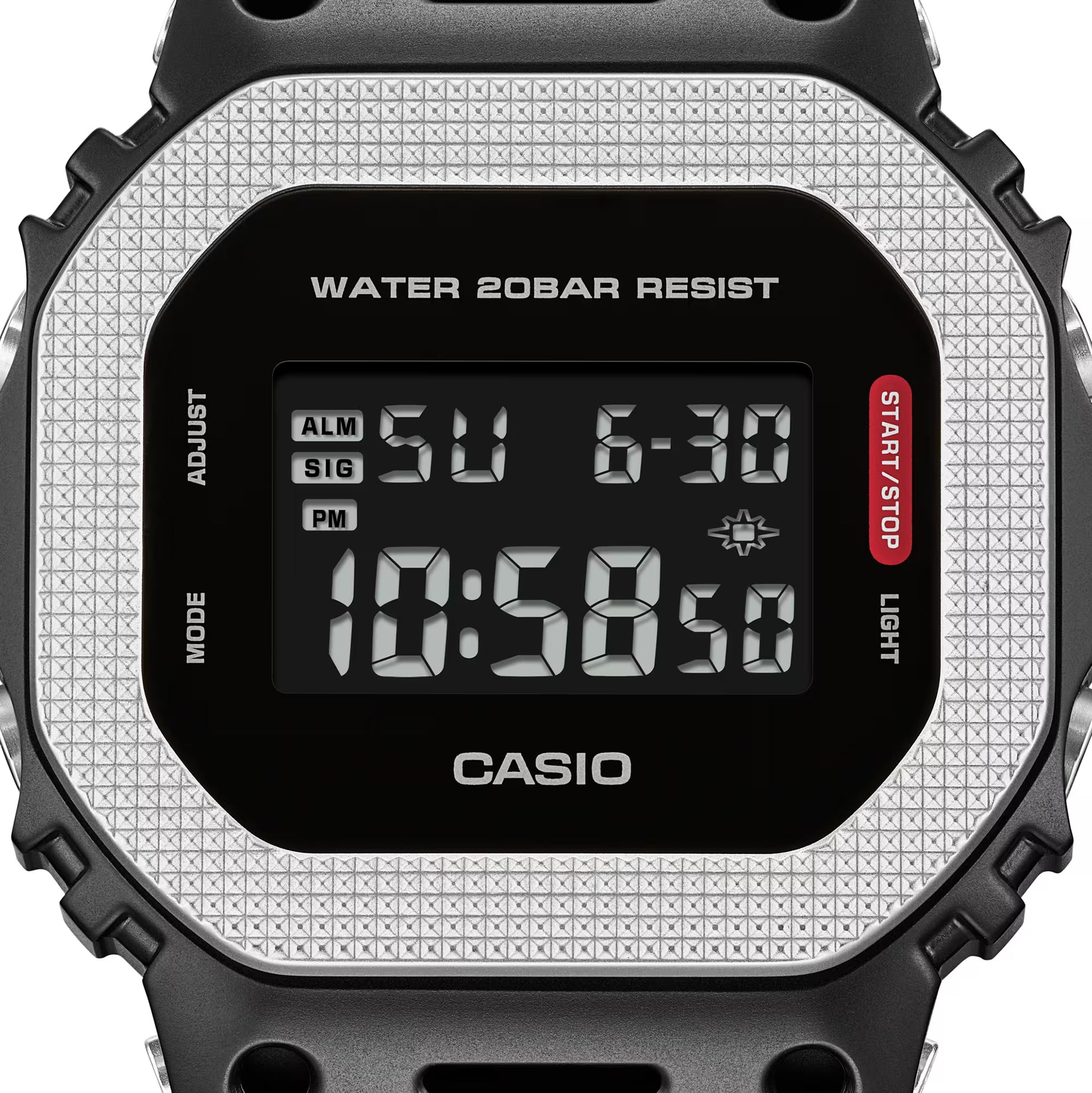Digital Casio watch with black face and textured black case on a white background