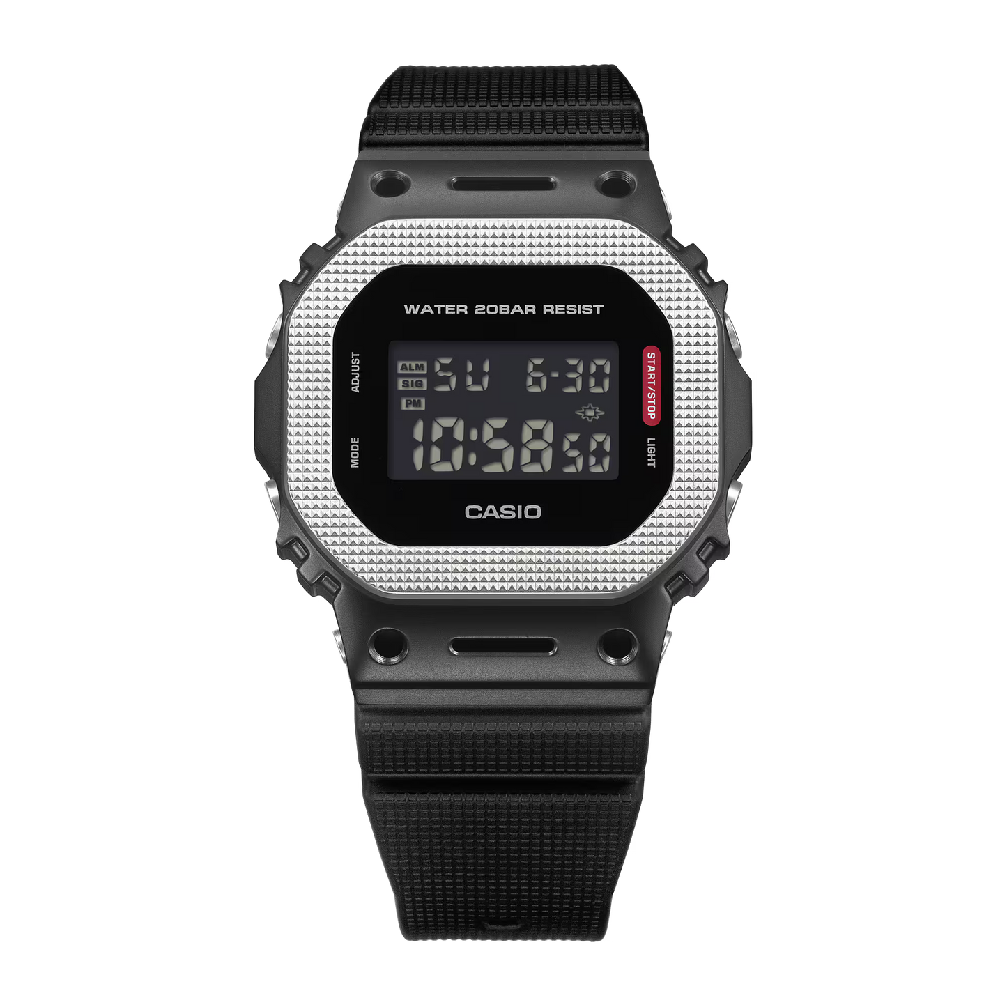 Casio digital watch with black strap on a white background