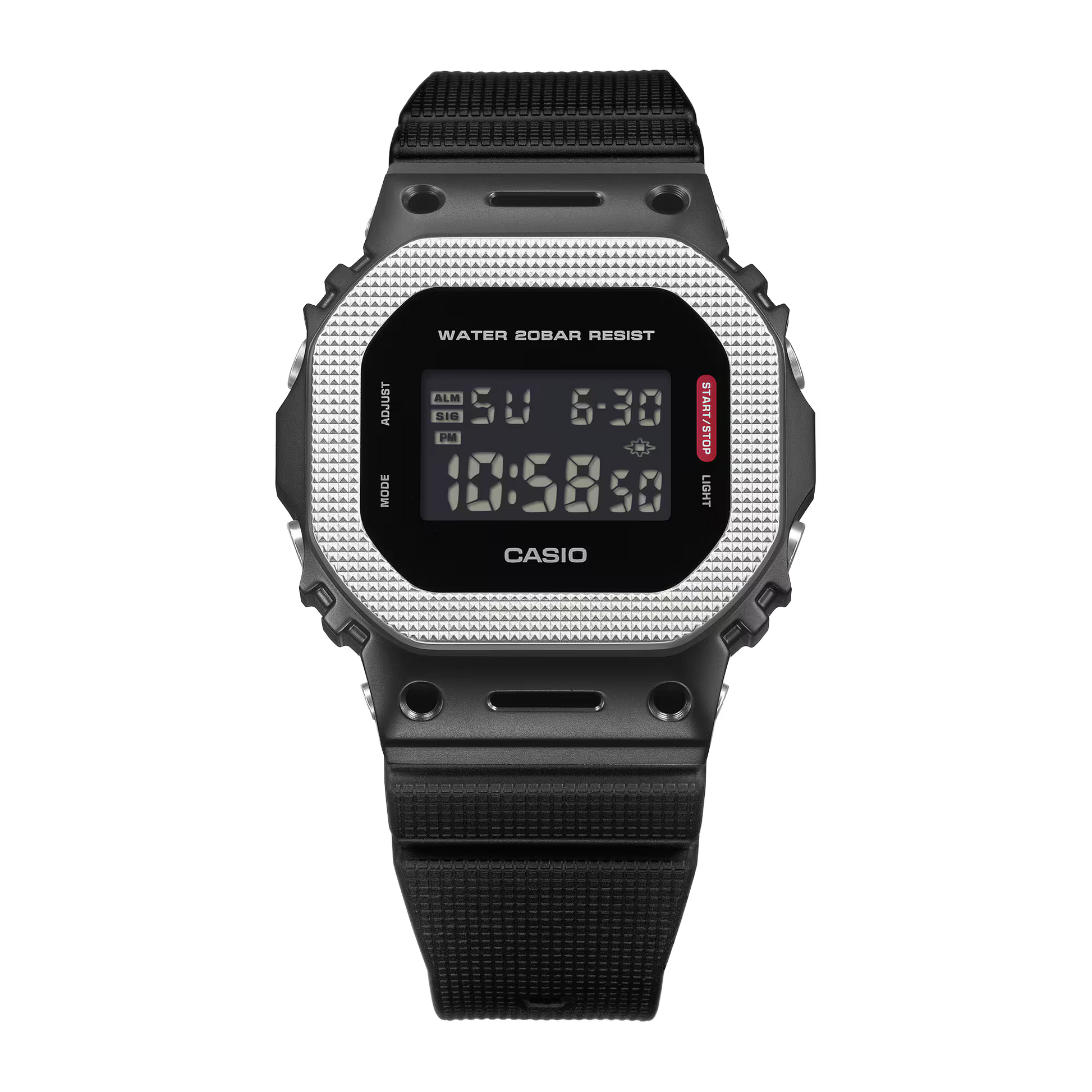 Casio digital watch with black strap on a white background