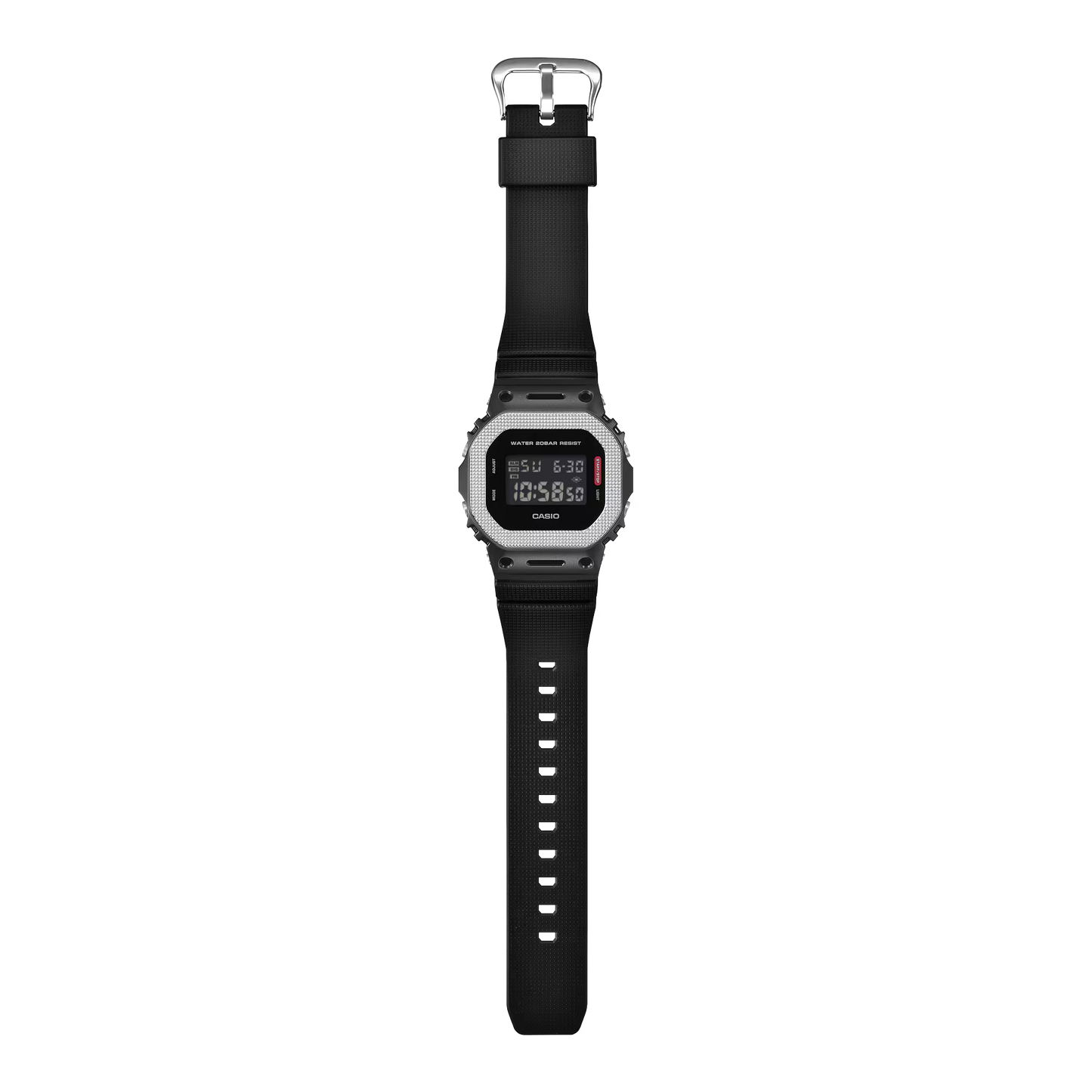 Black digital watch with a clear back on a white background