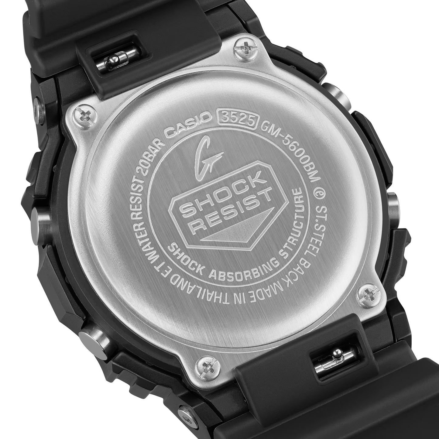 Back view of a Casio G-Shock watch with 'Shock Resist' branding.