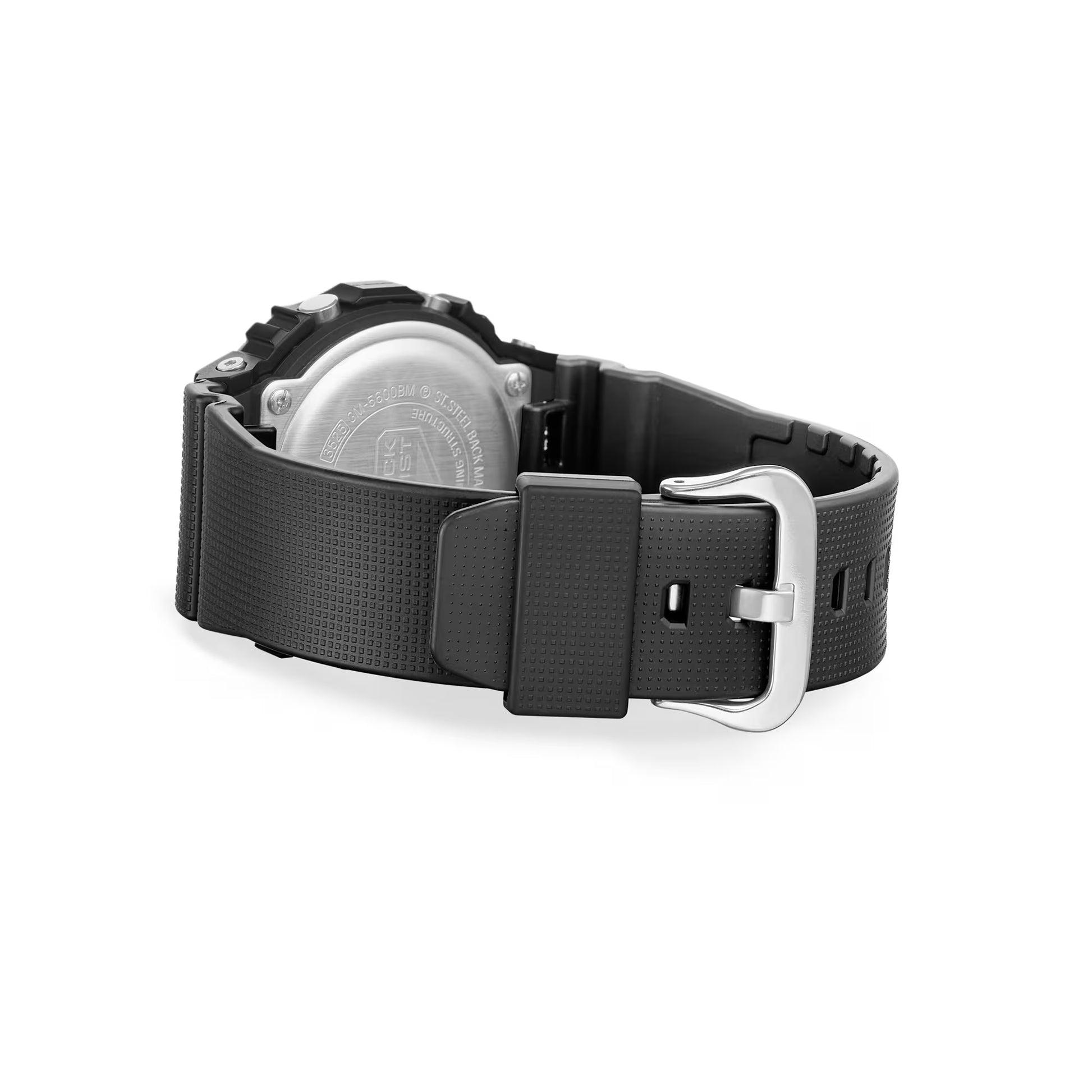 Black wristwatch with a silver buckle on a white background
