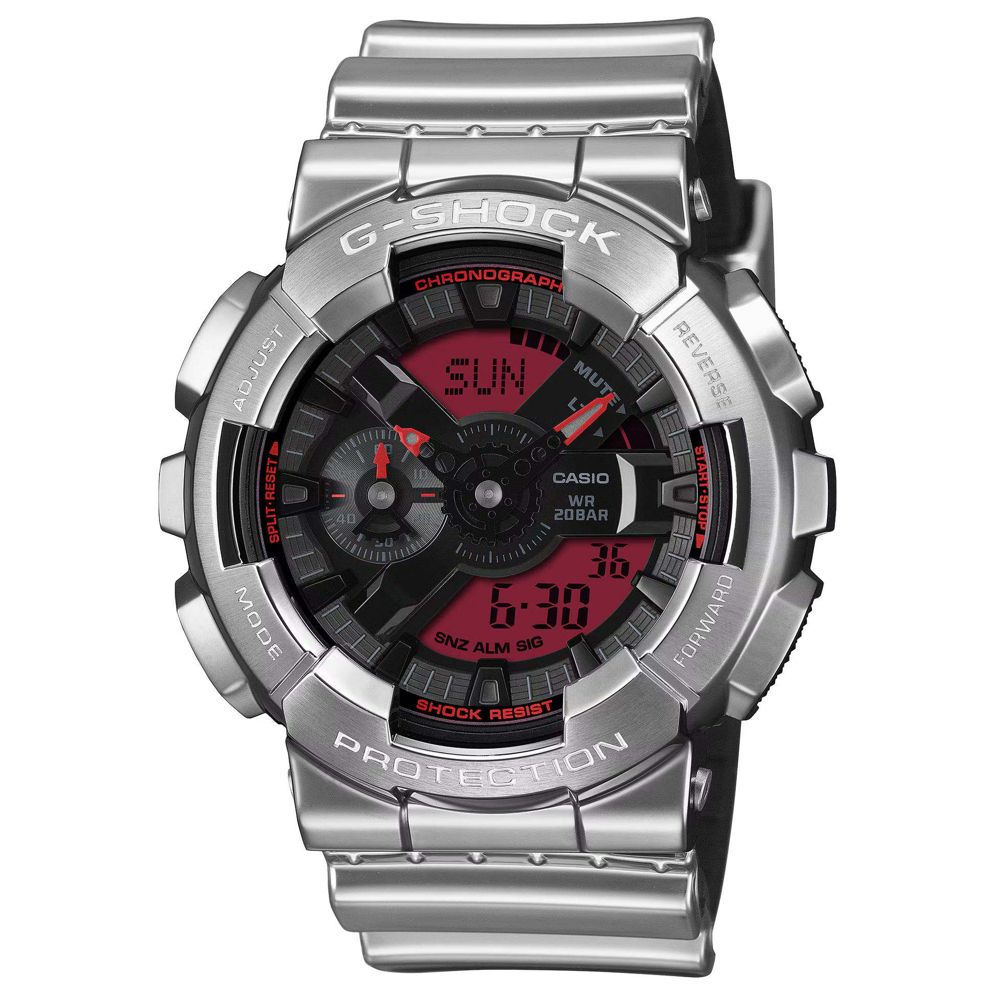 G-SHOCK analog-digital watch with resin and stainless steel case, magnetic and shock resistance, LED backlight, and 200m water resistance.