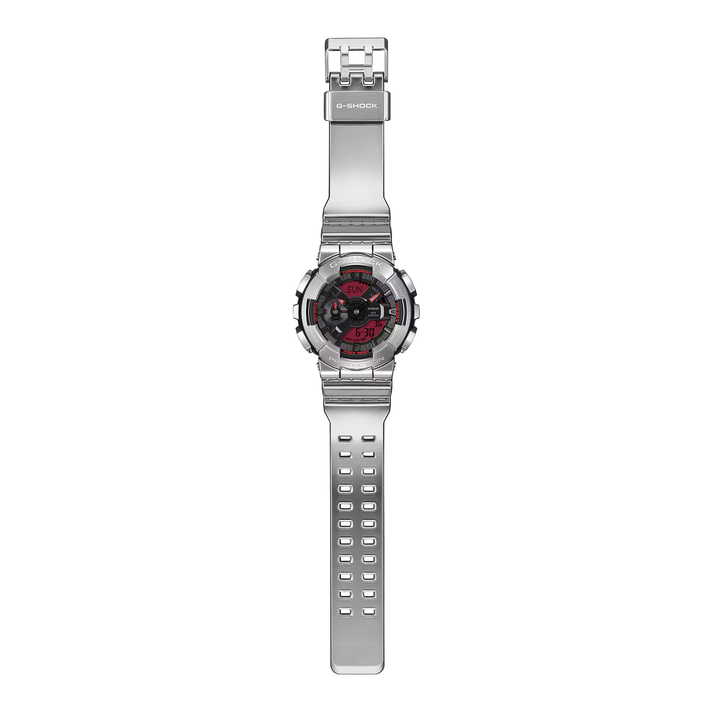 Silver digital watch with red accents on a white background