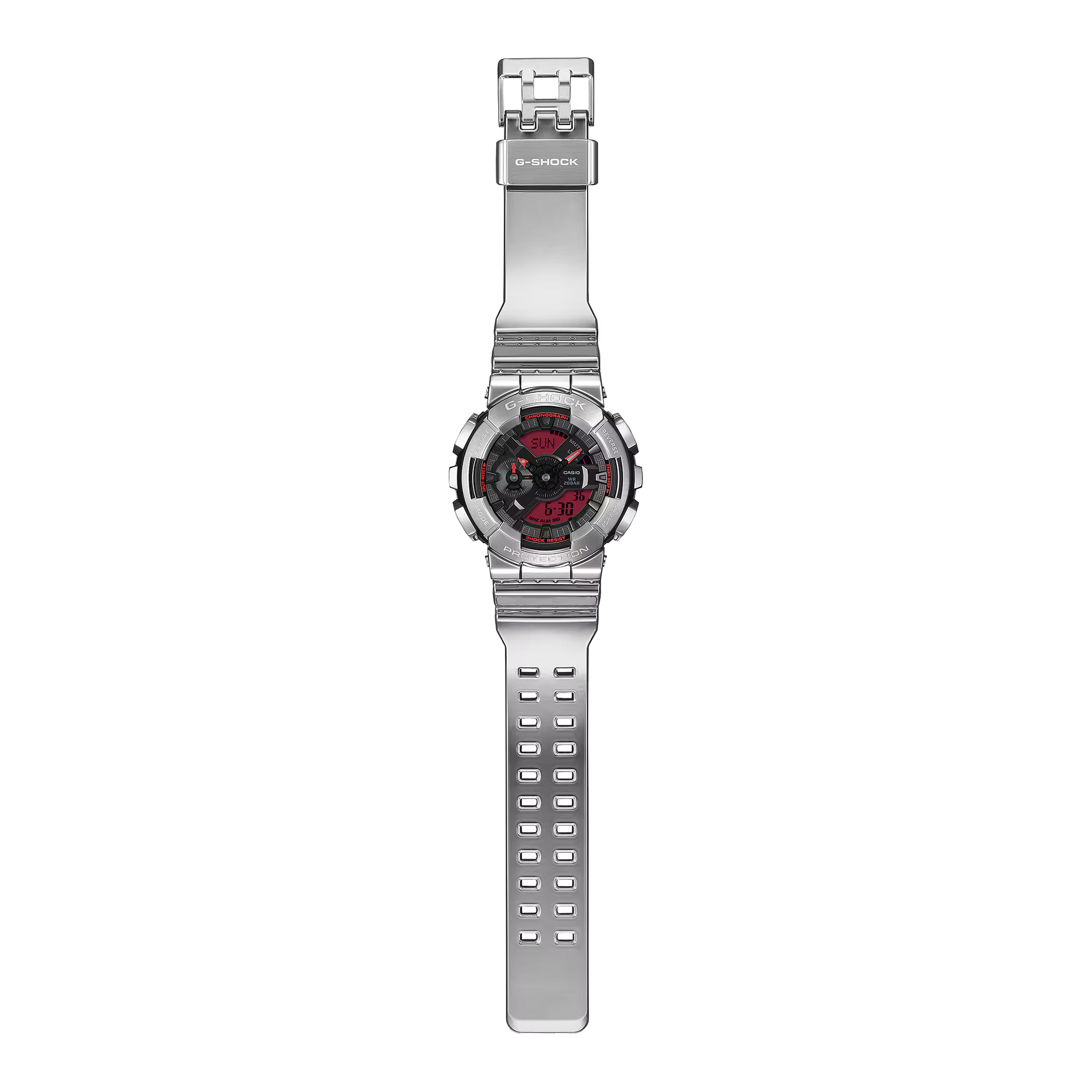Silver digital watch with red accents on a white background