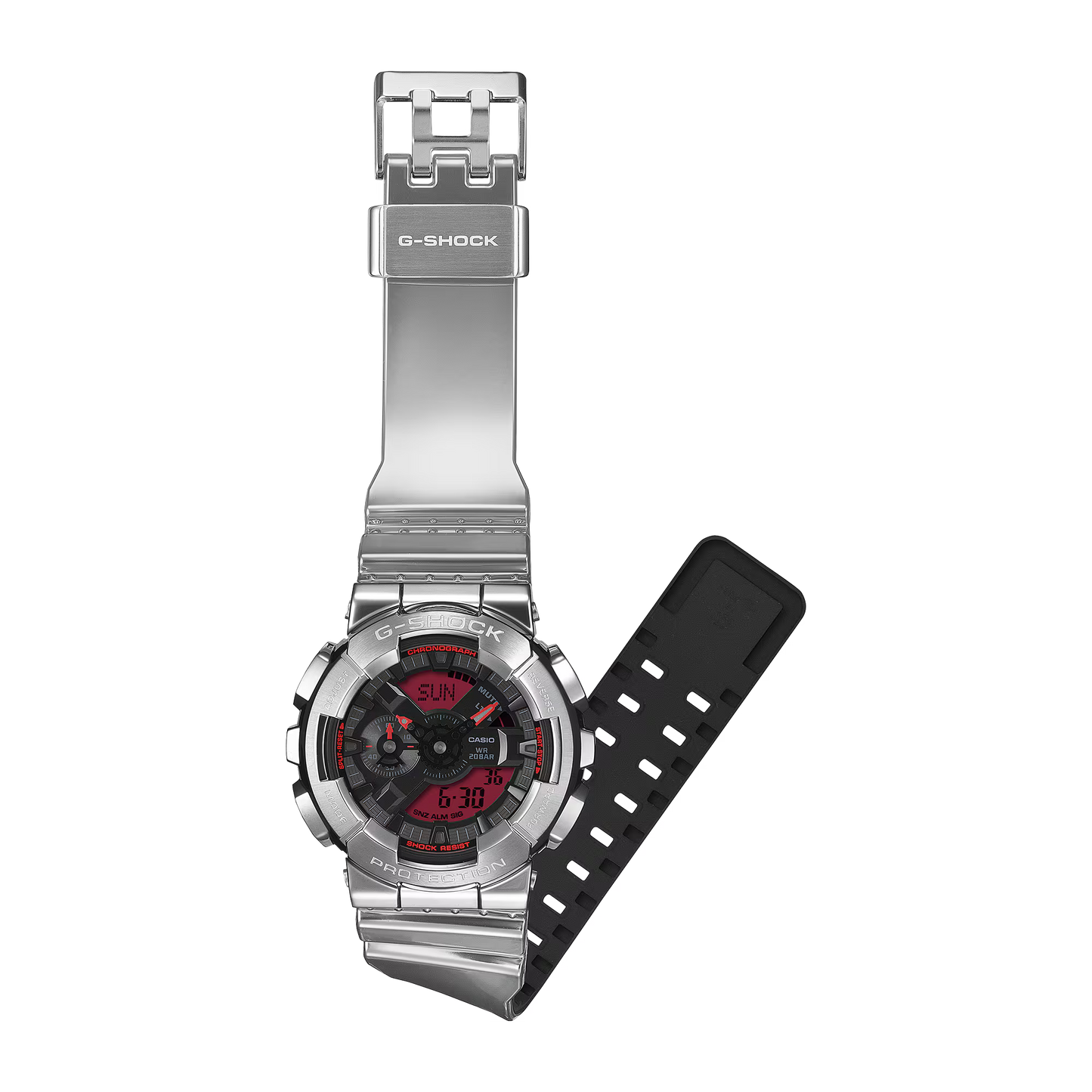 G-Shock watch with silver case and black strap on a white background