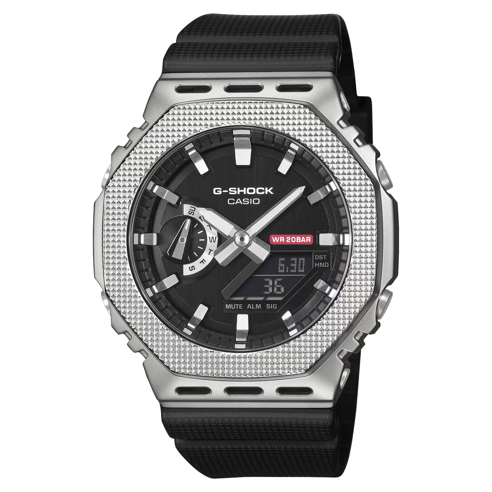 Casio G-SHOCK GM2100M-1A with stainless-steel industrial bezel, monochromatic minimalist design, bio-based resin band, and slim octagonal 2100 profile.