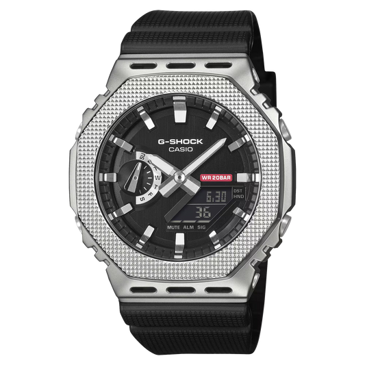 Casio G-SHOCK GM2100M-1A with stainless-steel industrial bezel, monochromatic minimalist design, bio-based resin band, and slim octagonal 2100 profile.